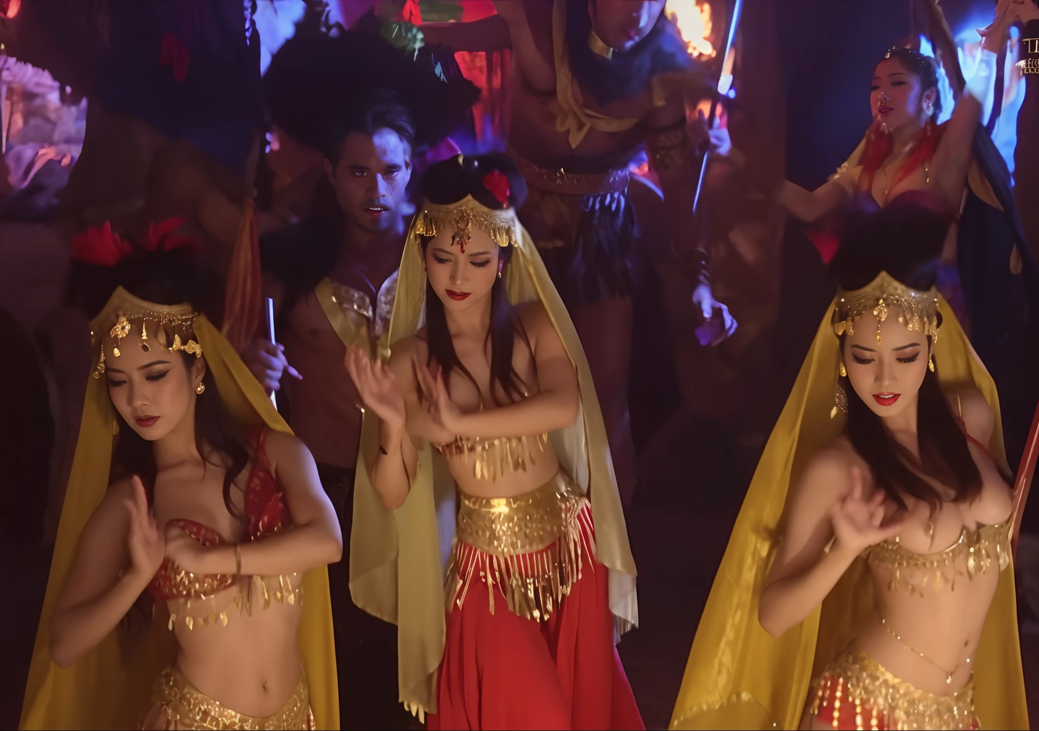 Several Asian succubus witches in costumes are dancing,heavy makeups,Seductive and alluring,Big chest,heavy makeups,Lure men into sex and eat them,They dress up as belly dancers,Cave dance scene, screenshots from movies, fantasy movie still, tai costume, movie screen shot, exotic costumes, Young witches, Oriental fantasy, DVD screencast