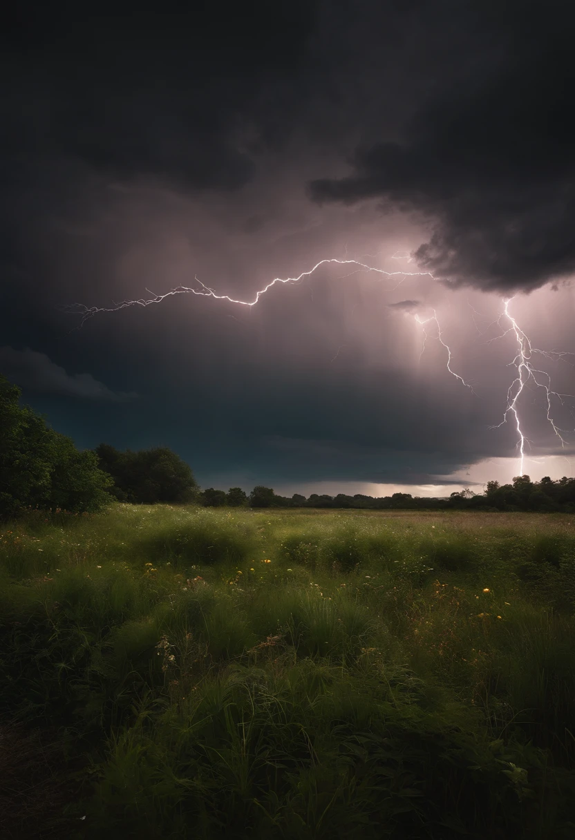 A large place with lots of grass and plants, with a cloudy and dark atmosphere, accompanied by lightning strikes