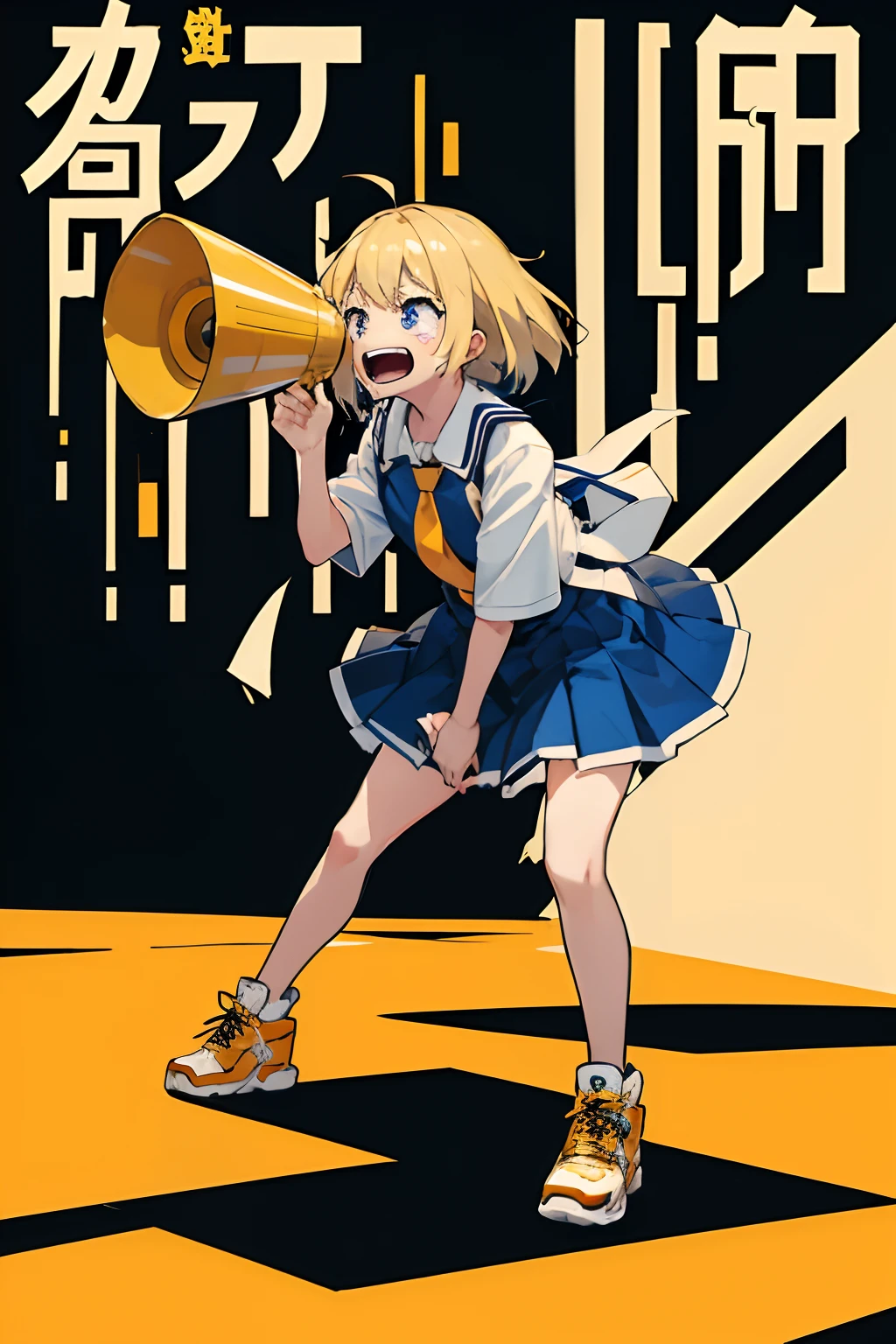 Grab a megaphone and shout、megaphone、Girl screaming with all her might、shout out、Scream、Teary-eyed、Crying and laughter、laught、Shout、full body Esbian、Standing、Forward leaning position、ciber、a cool、emotional、The artwork、moving、hard disk、8K、Background Simple、masutepiece、Best Quality、High resolution、extra limb、missing limb、extra digit、missing digit、mutated hands and fingers、Solo、Full body、Night、Open mouth
