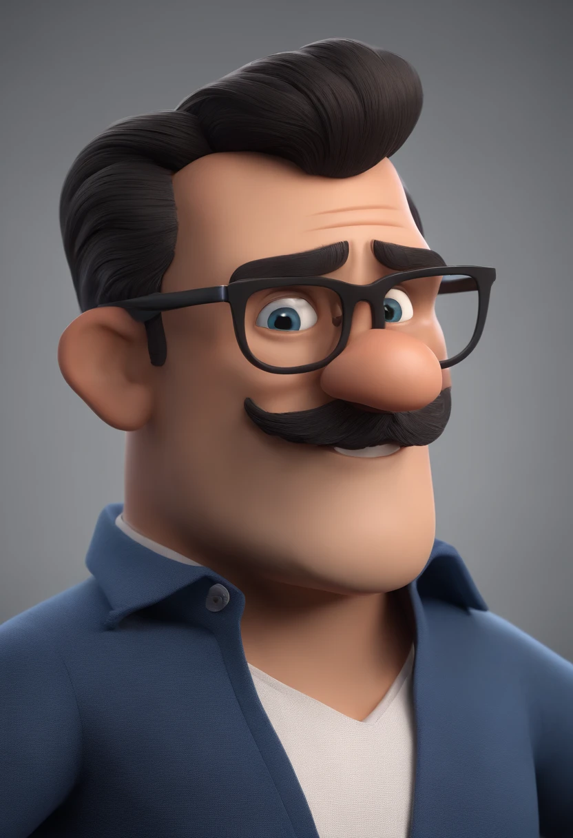 Cartoon character of a man wearing black glasses and a blue shirt, um personagem animado, Caractere estilizado, animation style rendering, 3D estilizado, Arnold Maya render, 3 d render stylized, toon render keyshot, Personagem 3D, Personagem 3D, 3d rendering stylized, 3 d character render, personagem de desenho animado, Personagem de close up, Pose de personagem, (Estilo Pixar) (master part:1.2) (Bokeh) (best quality) (pele detalhada) (textura detalhada) (8k) (argila) (Cinematic lighting) (foco nítido，Senta e vaza a parte superior do corpo