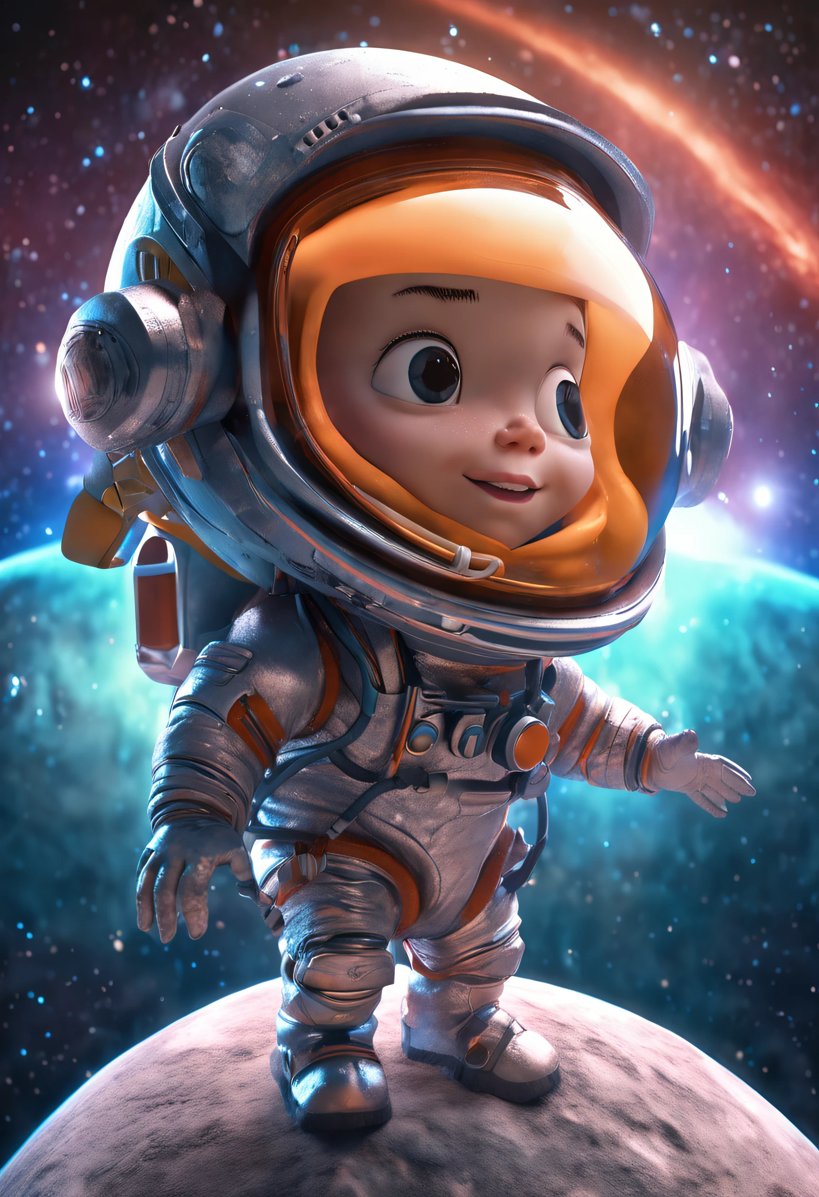 a mini astronaut in chibi model, wearing a space suit, in the style of photorealistic surrealism, abstract colorist sculptor, poured, fluid and loose, sci-fi influenced, sculpted Cartoon icon art, 3D pixar style drawing, a planet in space, isolated, exploring the moon in the background many planets and stars, cinematic light, photorealistic scenes, anime art, epic, RTX ON, DAZ3D, Digital Arts Techniques, Animated Illustrations