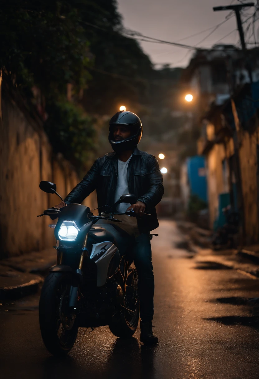 1homem pele morena, capacete personalizado branco,vestindo camisa preta,  sentado na motocicleta, at night, Blue Nike sneakers Favela Street, algumas pessoas andando na rua,solo molhado pela chuva, drooping, night time, Neon sign in the background,  alta resolução, ultrasharp, 8k, master part, Olhando para o Viewer.