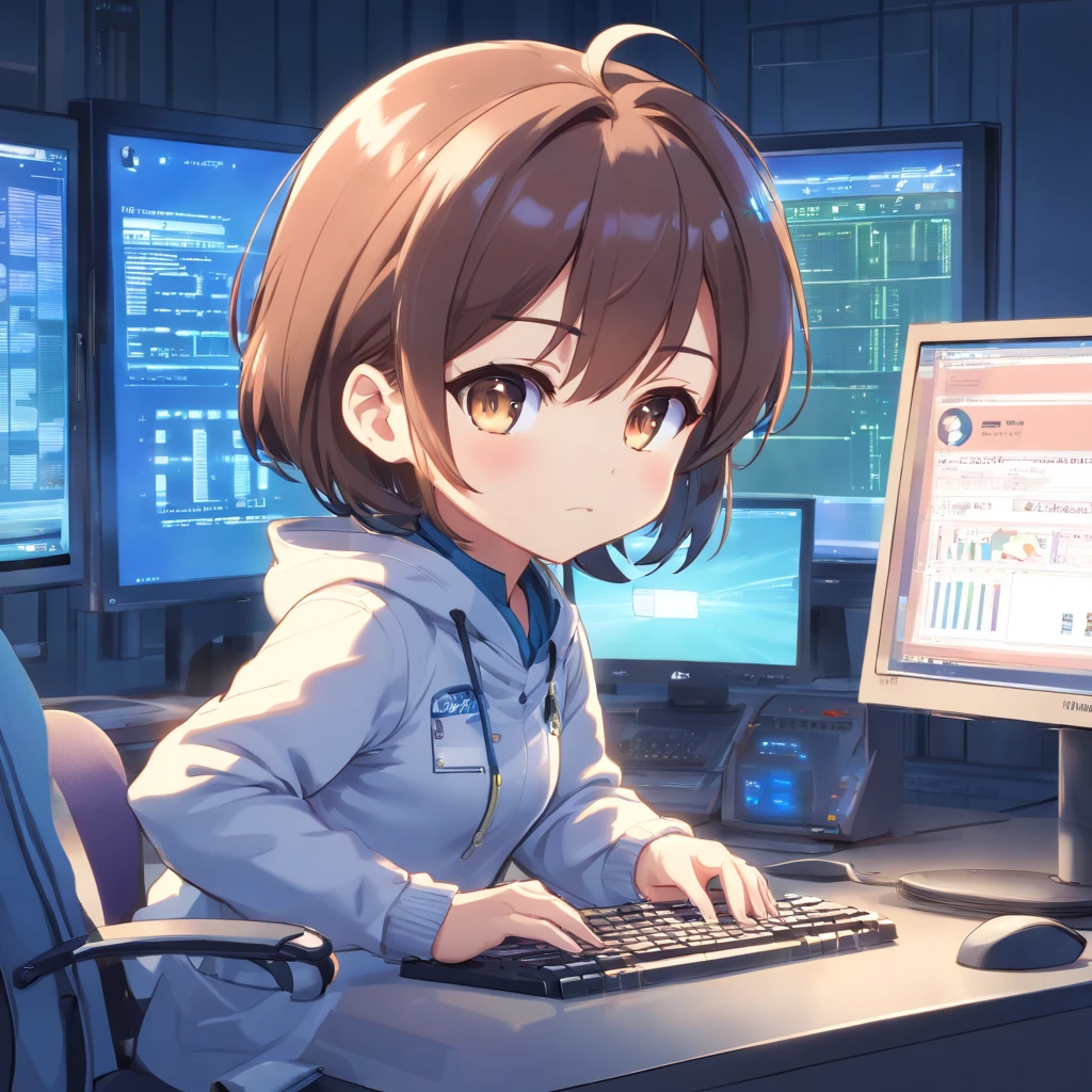 ((Chibi jogando computador))、Chibi Loiro Cabelo Curto、Pixie Corte Chibi、Chibi no uniforme, Chibi,Monitores