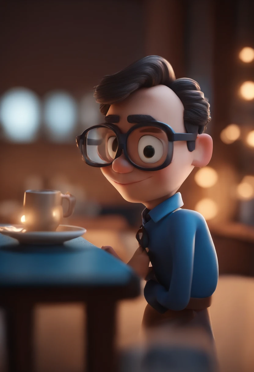 Cartoon character of a man wearing black glasses and a blue shirt, um personagem animado, Caractere estilizado, animation style rendering, 3D estilizado, Arnold Maya render, 3 d render stylized, toon render keyshot, Personagem 3D, Personagem 3D, 3d rendering stylized, 3 d character render, personagem de desenho animado, Personagem de close up, Pose de personagem, (Estilo Pixar) (master part:1.2) (Bokeh) (best quality) (pele detalhada) (textura detalhada) (8k) (argila) (Cinematic lighting) (foco nítido,Senta e vaza a parte superior do corpo