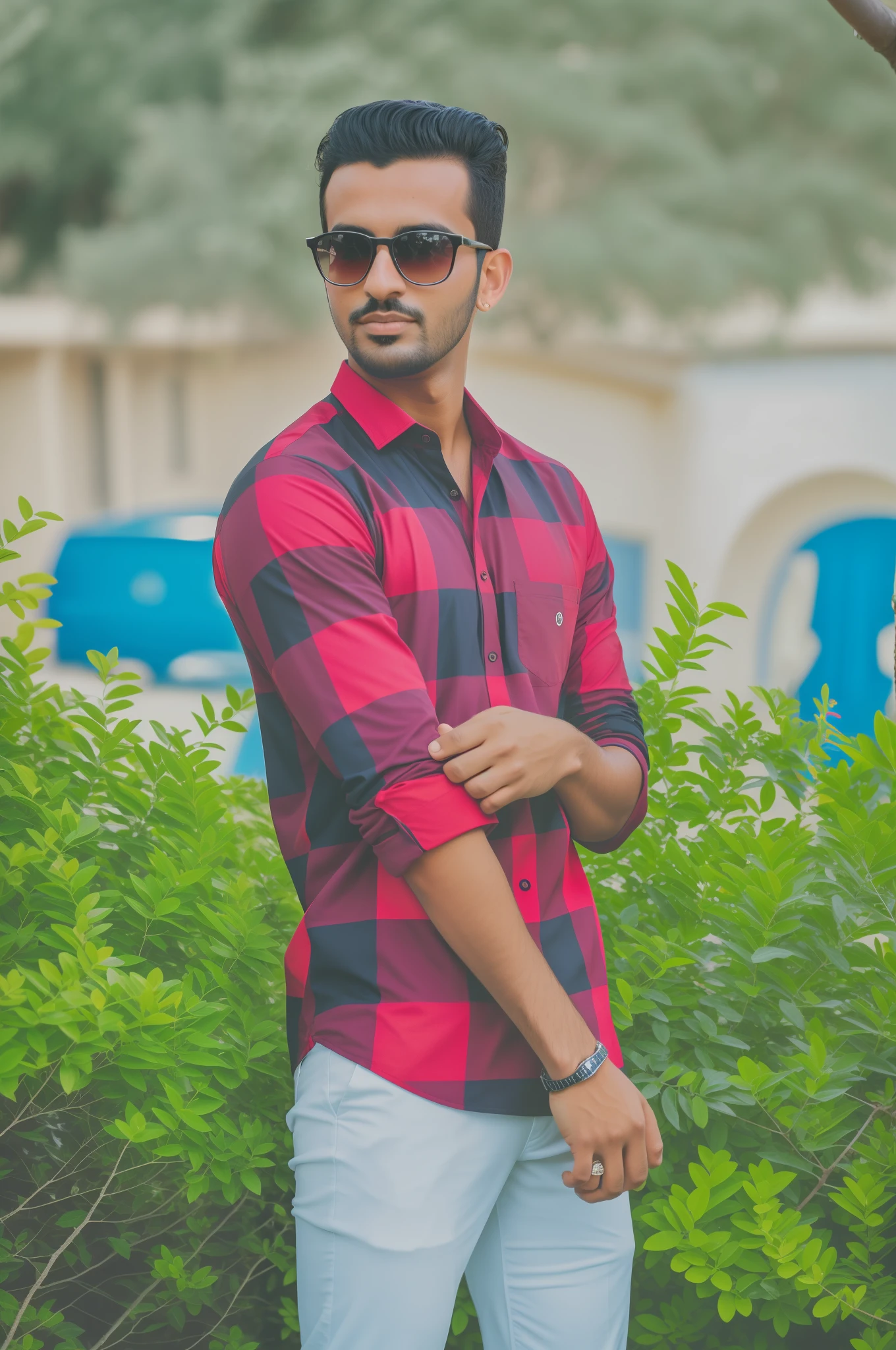 araffe man in a red and black shirt and sunglasses standing in front of bushes, casual photography, mohamed chahin style, riyahd cassiem, full body photogenic shot, with accurate face, with a cool pose, photo taken with canon 5d, * colour splash *, mohamed chahin, shot on nikon z9, casual pose, stylish pose, cool pose