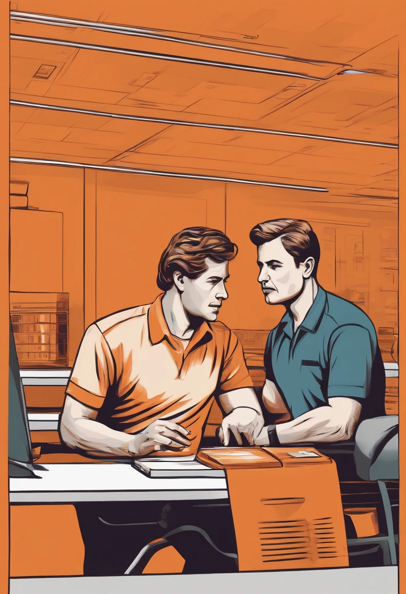 Two man using a orange t-shirt to represent a business company