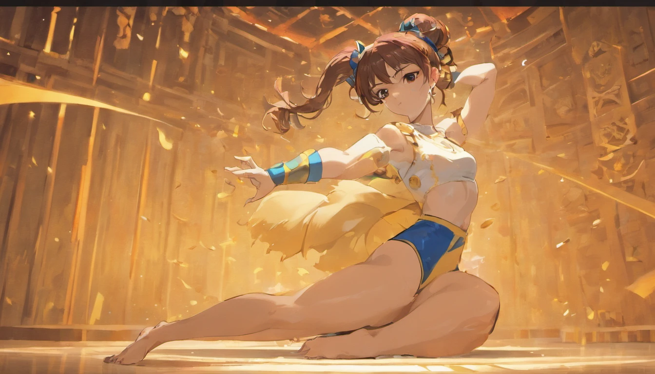 chun li in yoga pants standing with her hips slightly to one side, her right hand resting on her waist and her left hand behind her head, her crotch marked by the pressure of the pants, a lot of cleavage, pants slightly low, nipples marked on the clothes, American shot from the back, 2D, HD, hyper realistic anime