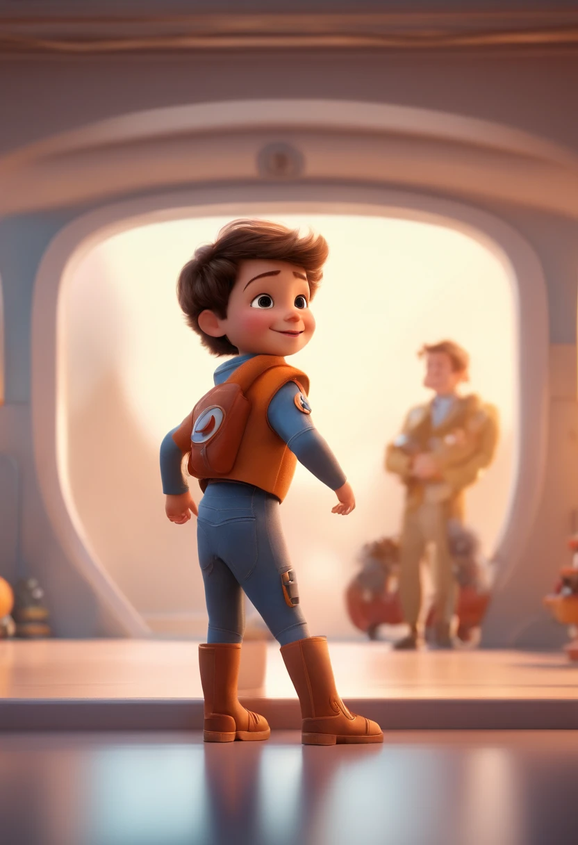 a happy cute kid standing short hair, vestindo uma fantasia espacial, , fundo branco, barnet, Tom, Estilo Pixar, ....3d, desenhos animados, rosto detalhado, asymmetrical 16k