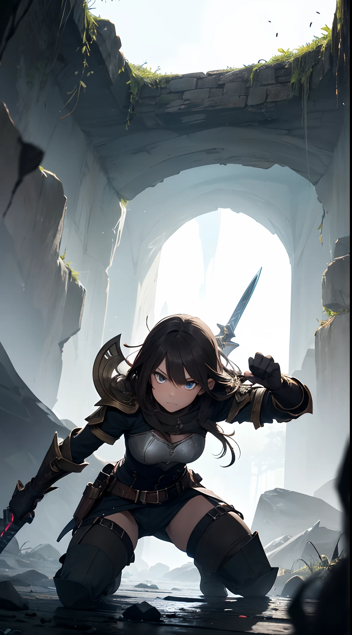 (detailed,highres)A female adventurer in light armor, equipped with a sword and shield, fearlessly navigating through a dark cave. Her eyes are filled with determination as she faces the challenge. The cave is illuminated by a flickering torch, casting eerie shadows on the rough stone walls. In the background, defeated goblins lie scattered, evidence of her bravery and skill in battle. The atmosphere is tense, with a sense of danger lurking in the shadows. The adventurer's every move is swift and precise as she fights off the goblins, her eyes scanning the darkness for any sign of danger. The lighting in the cave creates a dramatic effect, highlighting the adventurer's strength and courage.