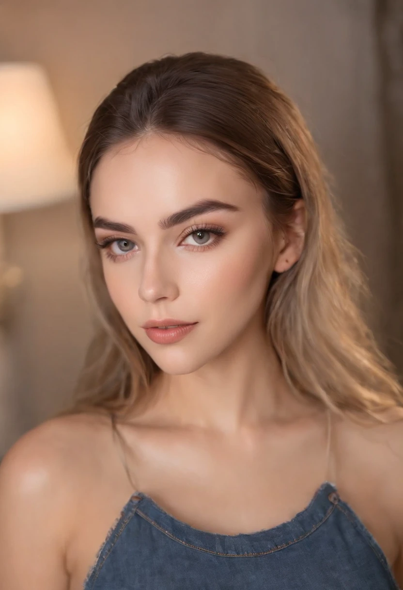 Best quality,high resolution,8k masterpiece, atmosphere, golden hour light:1.3, bright light hard light:1.2, fuji color:1.5, film grain, frontal camera shot:1.5, Attractive happy woman side portrait, 20 year old, portrait, delicate occidental features, aureal proportion:1.5, slight wavy brown hair with little few blonde lights:1.4, thick sexy eyebrows:1.4, long eyelashes:1.3,deep eye look:1.3, (real skin texture:1.3), medium thick lips :1.3, brown golden eyes :1.5,