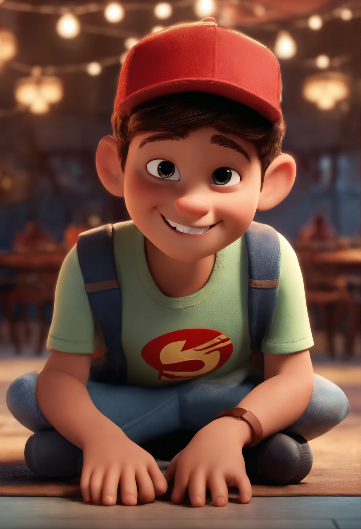 Imagem estilo Pixar com personagen 3d Disney,with a short man with dirty tattoo in cap, bonitinho, sorridente ,Close-up, Pixar, Disney, Cinema lighting,