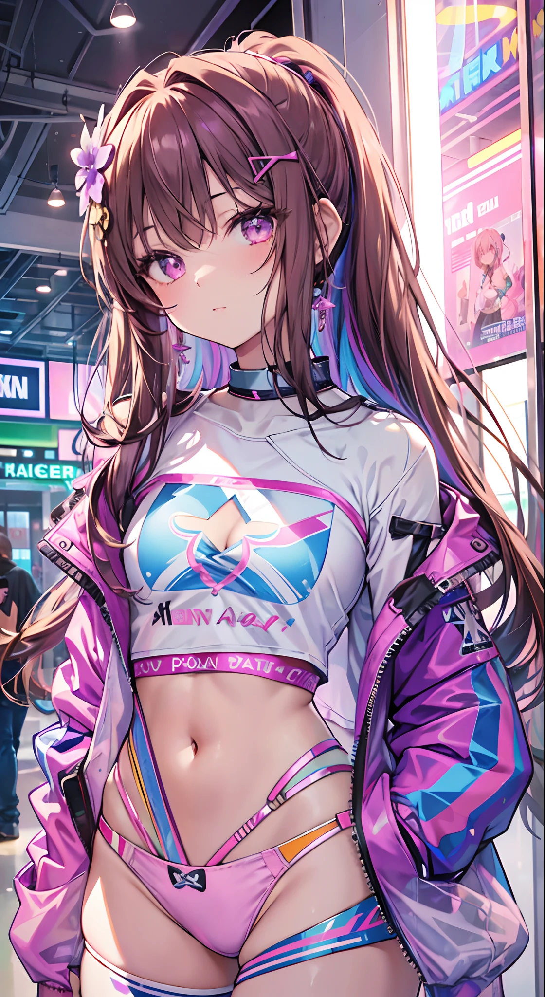 ((Masterpiece)), best quality, absurderes, ultra detailed, holographic, cowboy shot, golden ratio, super cute girl, mature girl, idol girl, super beautiful asian girl with very beautiful violet glowing eyes, beautiful glowing brown multicolored hair, high ponytail, nice and sexy body, slim body, perfect body, wearing a super tight anime printed leotard, an anime printed super tight off shoulder long sleeve crop top, a super aesthetic transparent mini jacket, beautiful hair ornament, pink jordan tennis, being photographed in a mall shop, pulling down shorts showing thong panties
