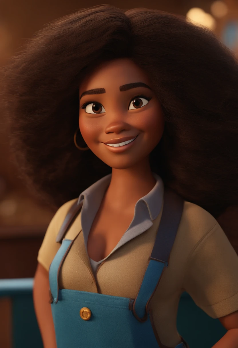 Pixar style image with 3D character mulatto woman medium straight hair, Maquiagem Disney,Pescador, bonitinho, sorridente ,Close-up, Pixar, Disney, Cinema lighting, engenheira civil, construction