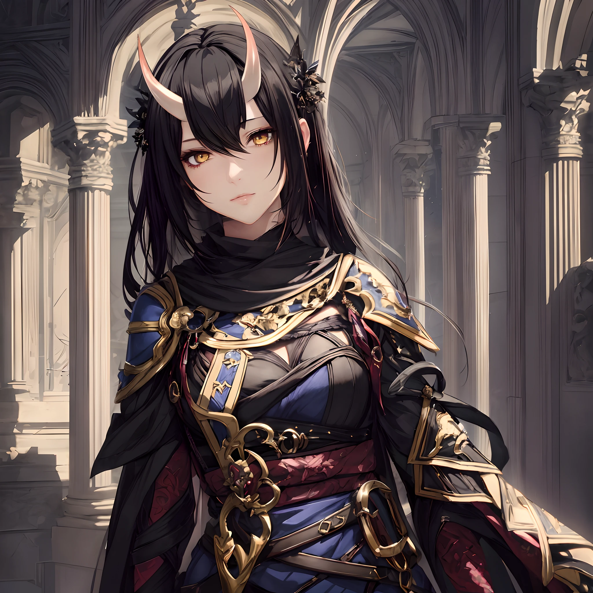 masterpiece, best quality, 1woman, adult, female focus, solo, dark black hair, vibrant yellow eyes, looking at viewer, closed mouth, Fantasy aesthetics, Highly detailed, shadowverse style, hair over one eye, horns on her head