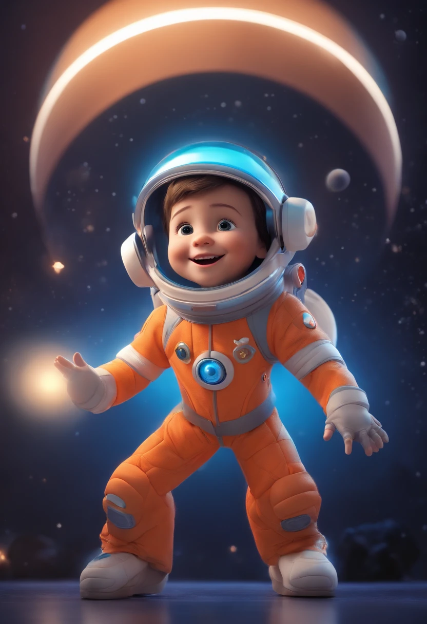 A happy cute  boy standing in a space costume, pelo corto, sobre fondo blanco, con pecas, al estilo Pixar, with 3D cartoon images, Una cara muy detallada, and an asymmetrical 16k.