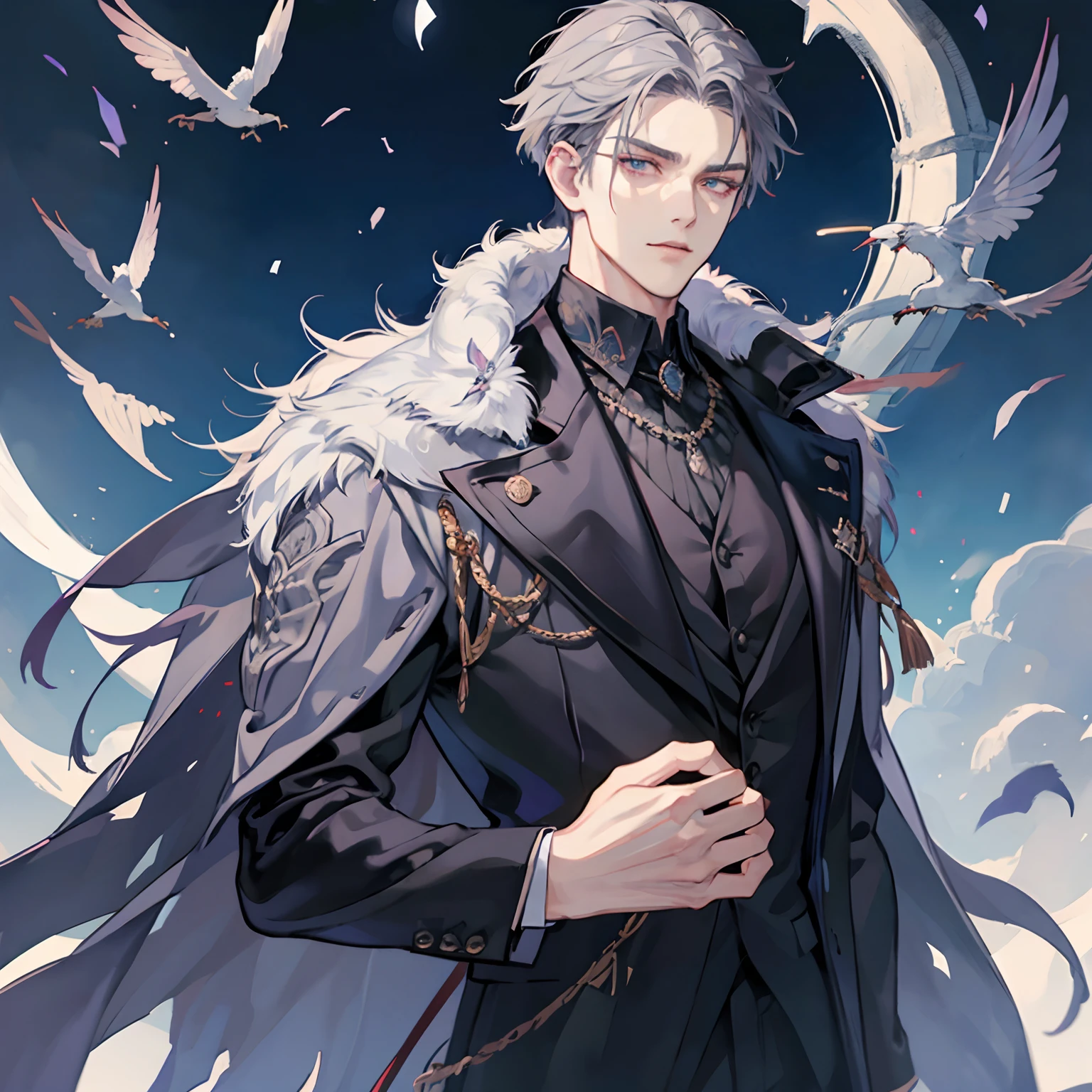 Man, regal, wearing purple and black clothing, grey hair, grey piercing eyes, duke of the north, cold eyes, silky hair, combed back hair with left pating, short neat hair, kpop face, beautiful handsome man, glaring eyes, formal attire, expensive suits, sharper chin, icy castle, final fantasy face, muscular body, winter coat, alone
