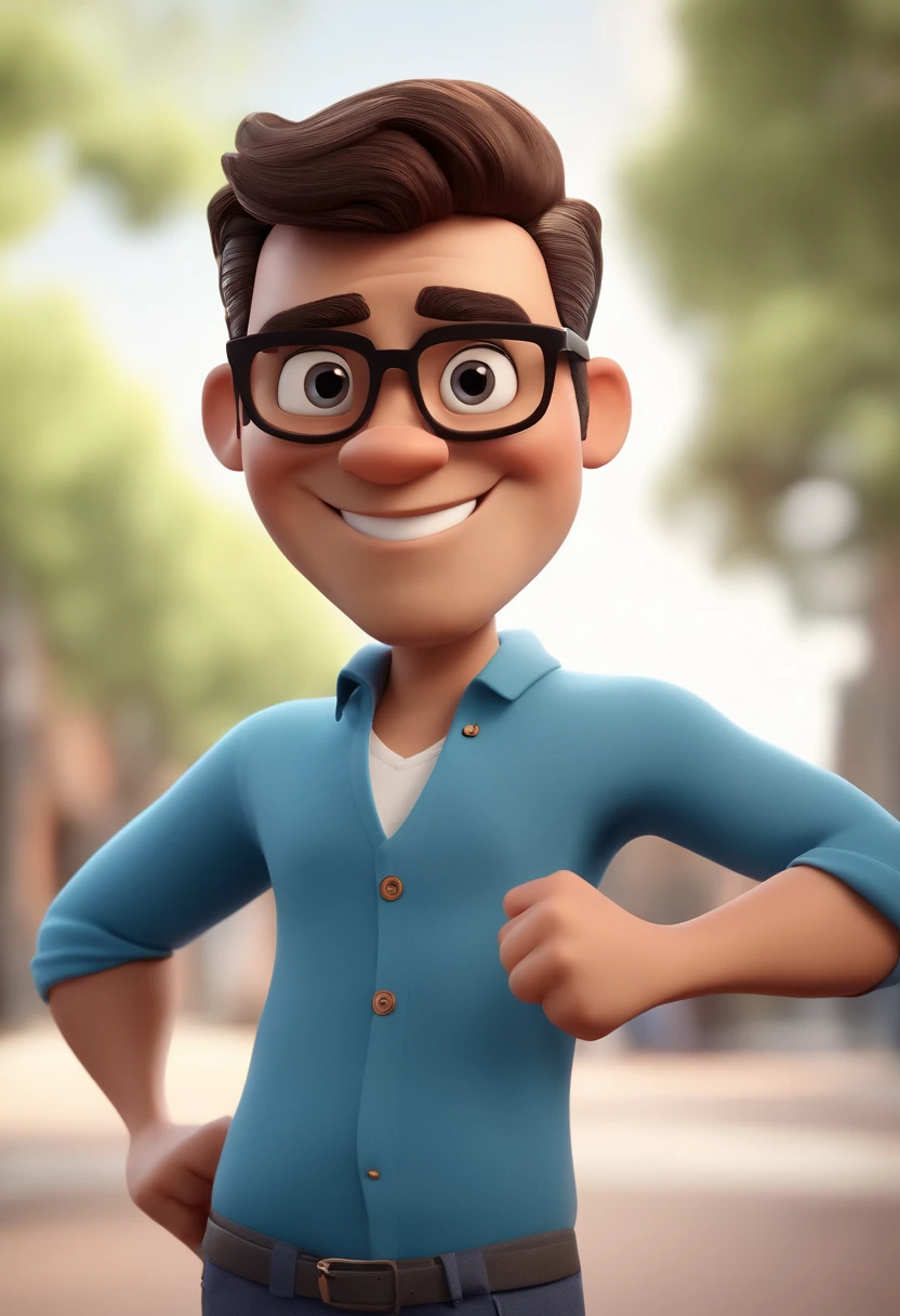 Cartoon character of a man with black glasses and a blue shirt, animation character, Caractere estilizado, animation style rendering, 3D estilizado, Arnold Maya render, 3 d render stylized, toon render keyshot, Personagem 3D, Personagem 3D, 3d rendering stylized, 3 d character render, personagem de desenho animado, Personagem de close up, Pose de personagem, (Estilo Pixar) (master part:1.2) (Bokeh) (best quality) (pele detalhada) (textura detalhada) (8k) (argila) (Cinematic lighting) (foco nítido