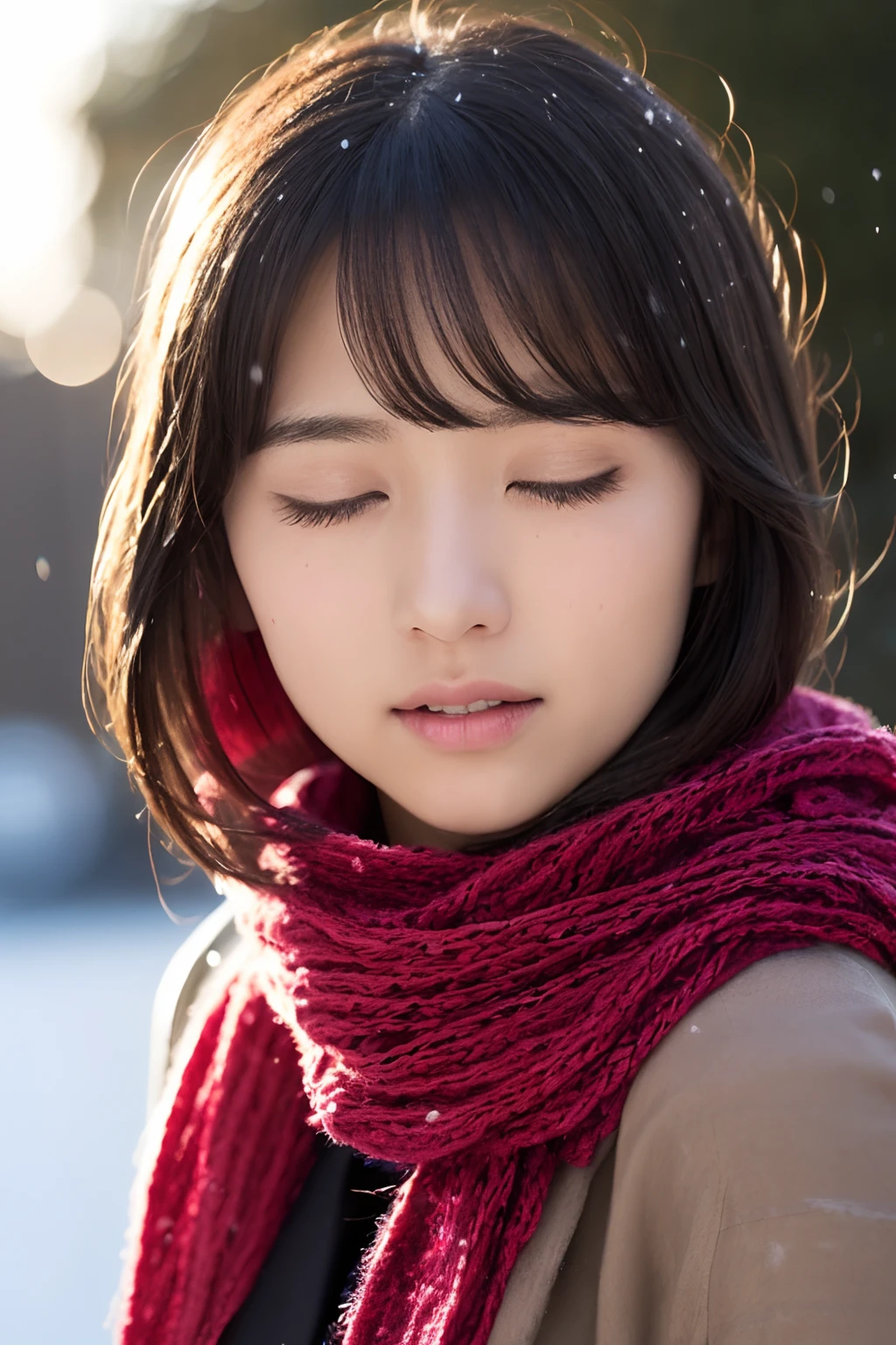 ((no-makeup、Close your eyes、closes mouth:1.2))、(realisitic、Photorealsitic、ultra-detailliert、Highest Details Skins、top-quality、masterpiece、超A high resolution)、Cute Japan Woman、、hi-school girl、younggirl、1 girl in、I have bangs、二重まぶた、drooing eyes、Japanese style face、purity、double tooth、Realistic skin type、Thick muffler、Grey muffler、fluffy hair、((Hair is inside the scarf:1.3))、Red cheeks、The wind is blowing、It's snowing、natta、illuminations、Lighting from behind