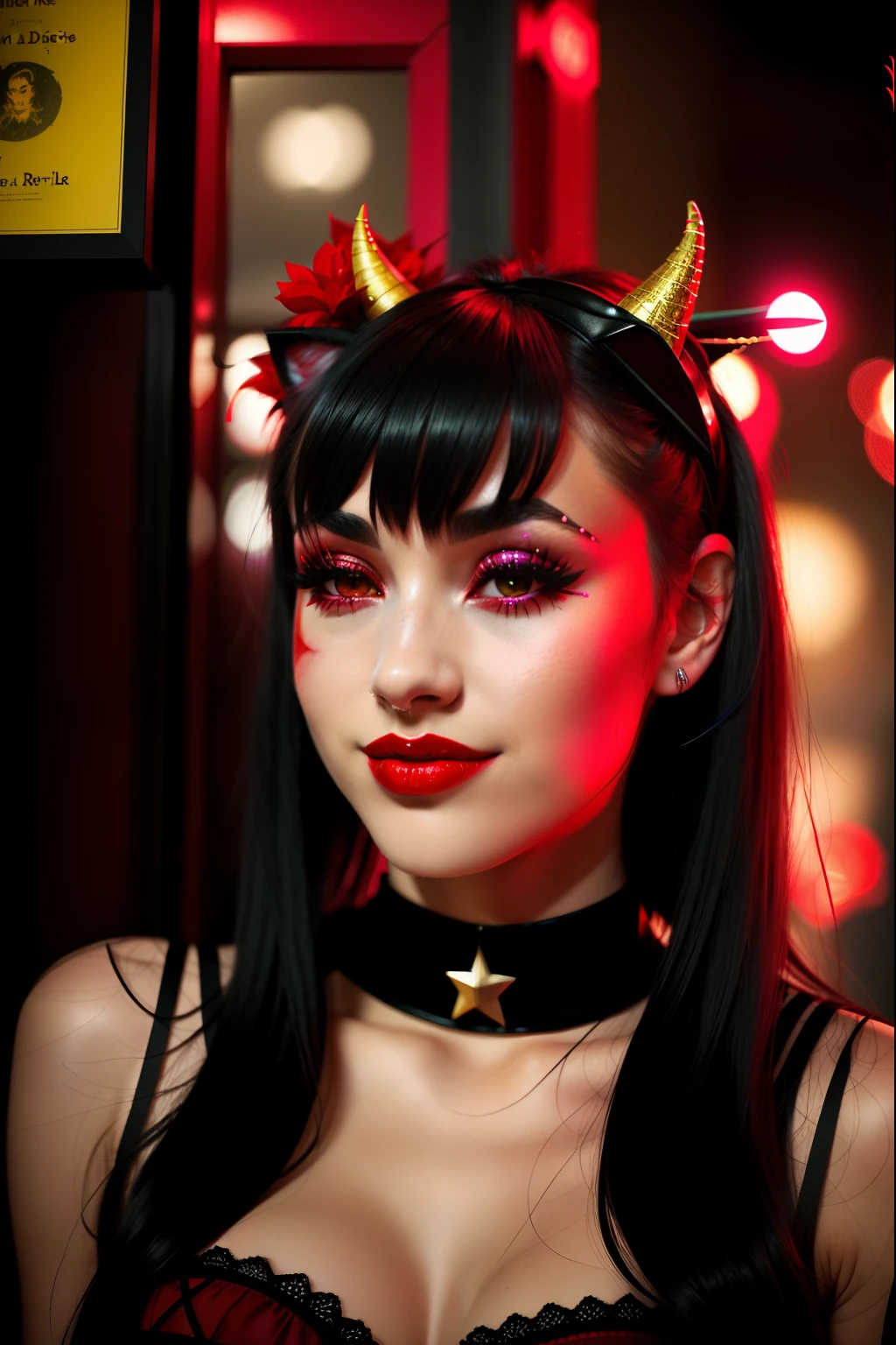 There's a woman with red lipstick and devil horns on her head, Girl with cat ears at a rave, cornes du diable, Demon Mara, cornes et yeux rouges, demon horns, Soft Devil Queen Madison Beer, Femme avec des oreilles de chat, demon girl, fille avec des oreilles de chat, evil looking, avec cornes, Brazen Devil, by Amelia Peláez, mauvais regard, Production encore