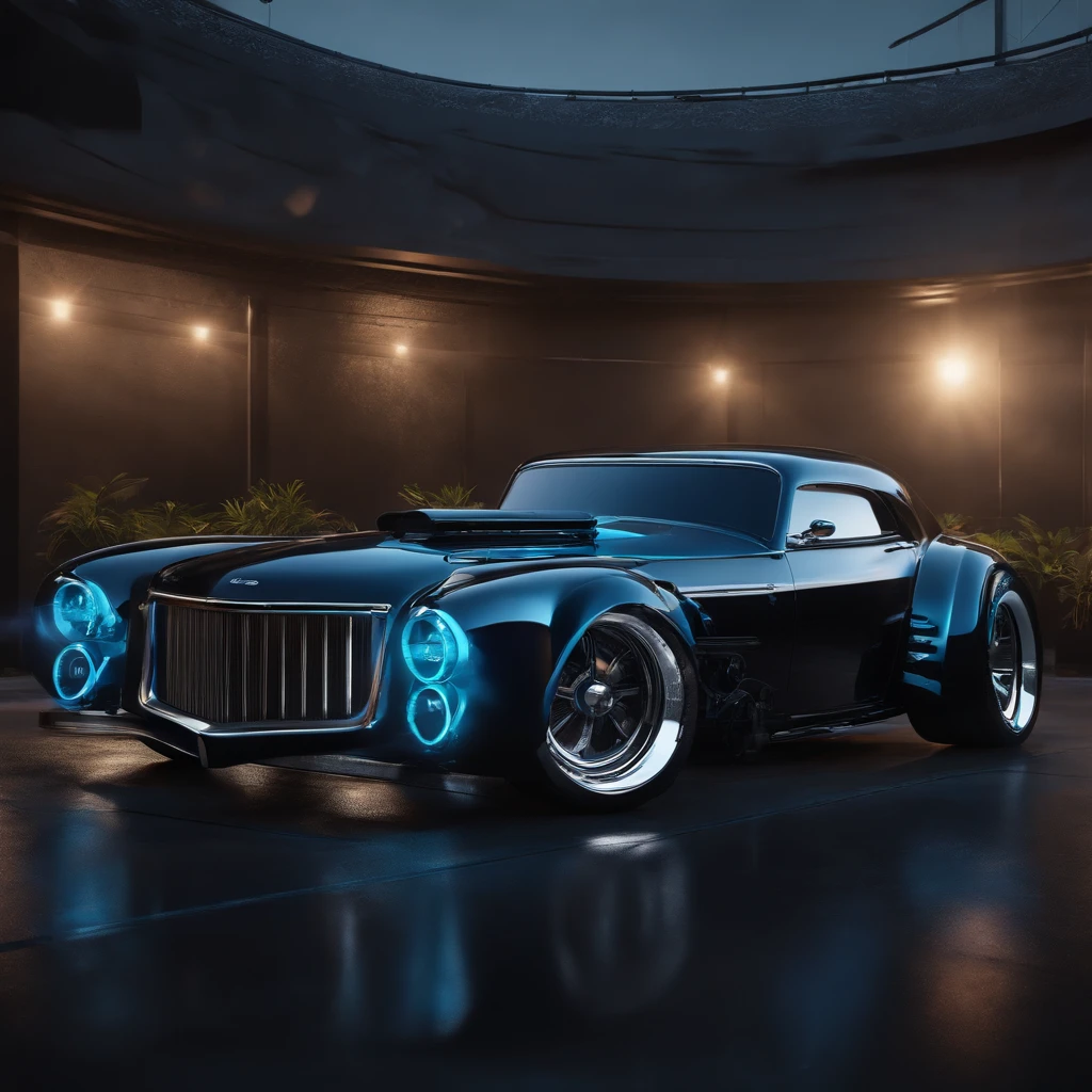 car hot rod black and blue with rgb, futuristic environment, high quality, best quality, 3D
