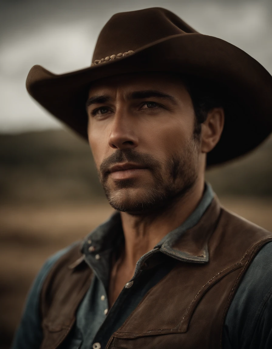 cinematic portrayal, ((parte superior do corpo)), facing the audience, (realidade :1.3), Foto de arte mais bonita do mundo, A man looks at the camera, Looks jeans vintage, Cowboy ocidental, rosto bonito detalhado, action shot, (intrincado :1.4), Fundo ocidental, fotografia realista, Durante o dia, CG, Stand de Arte