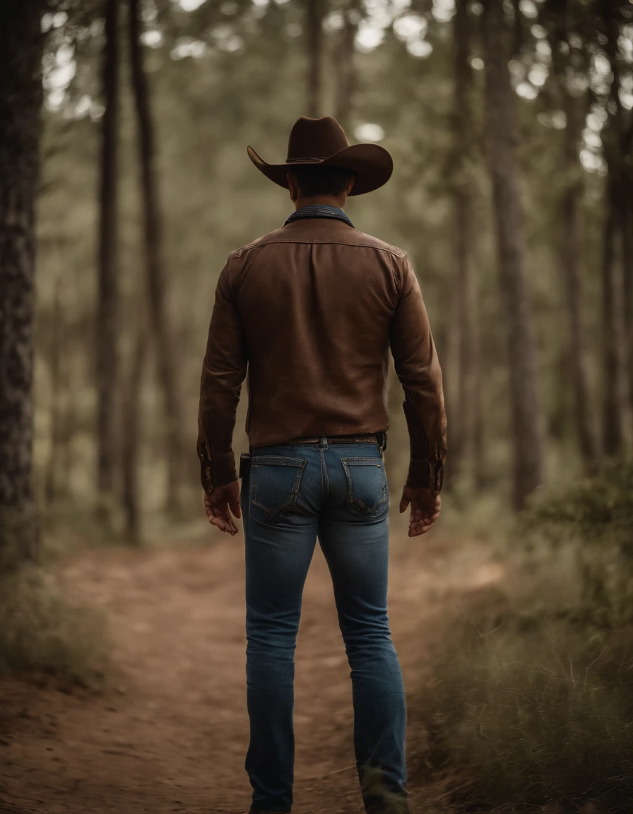 cinematic portrayal, ((parte superior do corpo)), facing the audience, (realidade :1.3), Foto de arte mais bonita do mundo, A man looks at the camera, Looks jeans vintage, Cowboy ocidental, rosto bonito detalhado, action shot, (intrincado :1.4), Fundo ocidental, fotografia realista, Durante o dia, CG, Stand de Arte