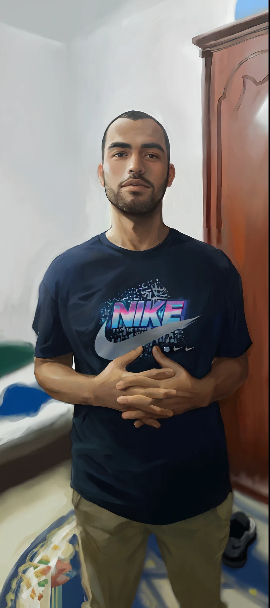 arafed man in a black shirt holding a black shoe, profile picture 1024px, frontal picture, very very low quality picture, no logo!!!, mohamed chahin style, nike shirt, profile photo, fit pic, mike, david rios ferreira, around 1 9 years old, by Nándor Katona, atef, frontal pose