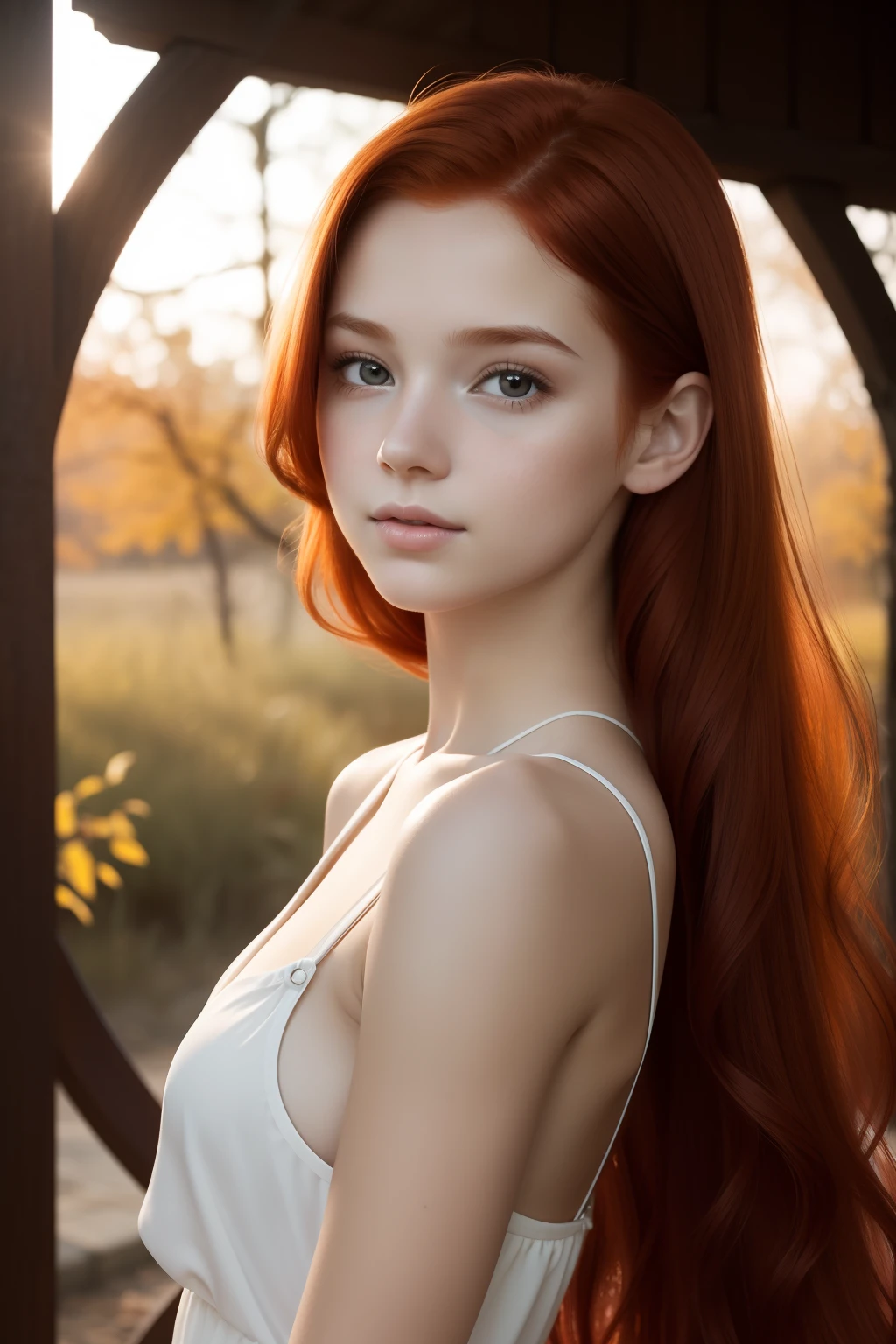 young girl,  redhead,  cinematic, The portrait showcases a young (redhead girl:1.6) with a shy and innocent demeanor,  blueish eyes,  sensual slim face,    big lips,  naked,  BIG TITS and shorts,  Her hair is styled sleek and straight,  elegantly framing her face with  adorable long hairl .Her face is illuminated by gentle lighting,  highlighting her delicate features. The girl's eyes sparkle with a hint of curiosity and her lips form a subtle,  shy smile. The background consists of a ourtoor nature autum scenery muted and warm-toned setting,  providing a calm and serene atmosphere. The composition focuses on the girl's face,  capturing the intricate details of her flawless skin,  The overall image exudes a sense of tranquility and captures the innocence and gentleness of youth, redhair, redhead,