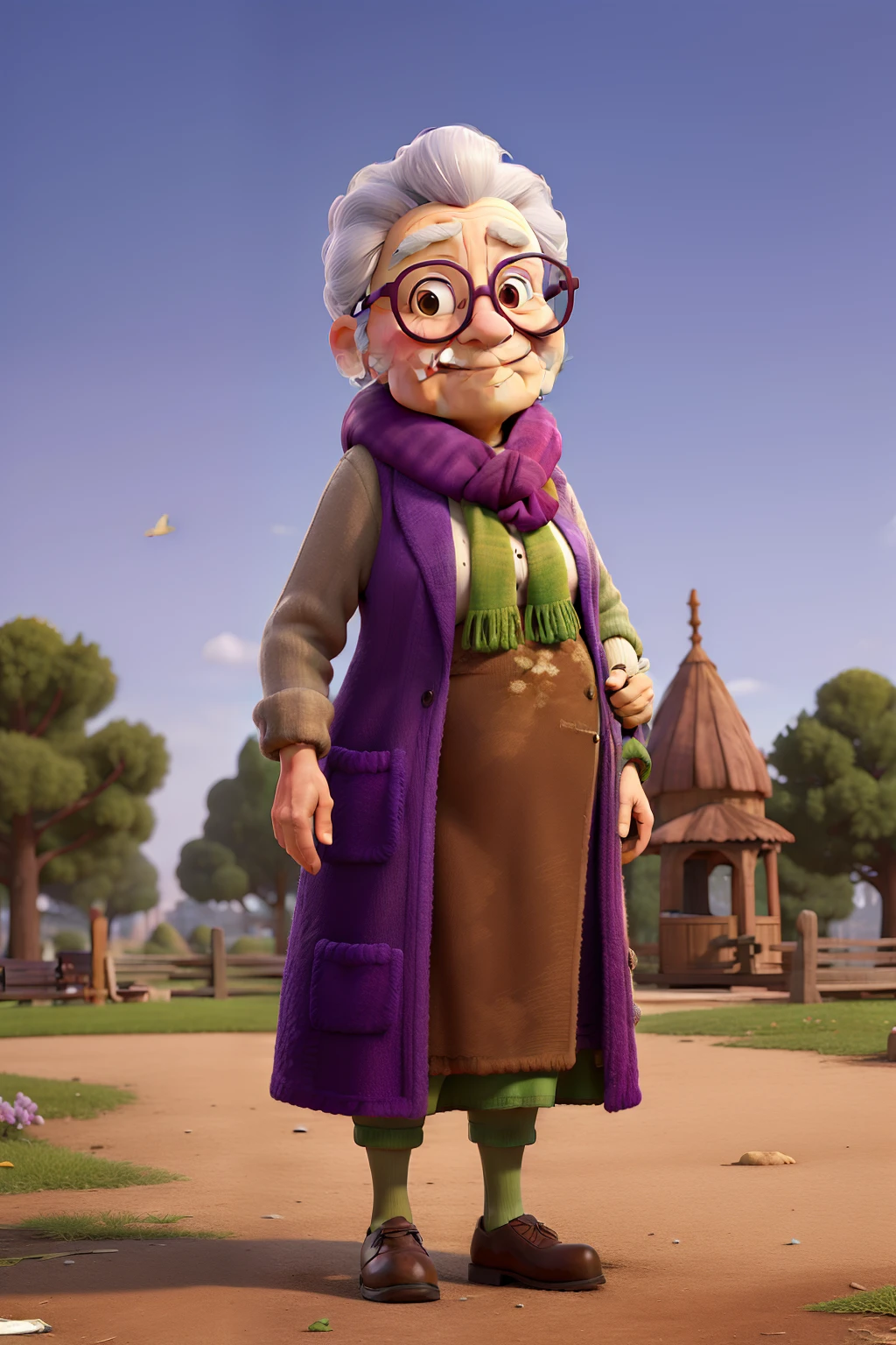 masterpiece, best quality, an old woman with glasses and a scarf on, wearing a purple coat and green scarf, standing at the park