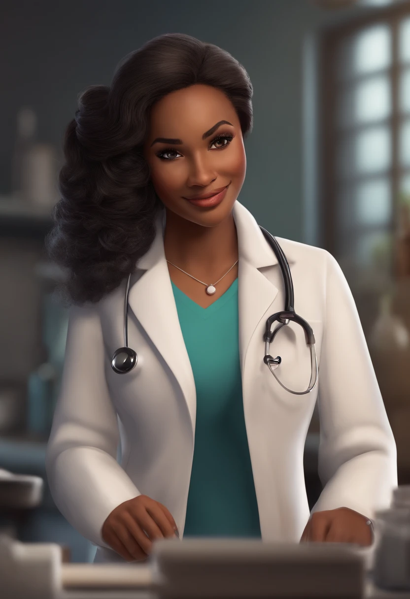 Creating a Pixar-style character in a lab coat. Dark-skinned character, ([design](inventory:1.1)) [lab coat] with vibrant colors, [detailed features:1.1], and ([beautiful, detailed eyes], [beautiful, detailed lips]) to capture the essence of the character. The lab coat should have ([extreme detail description]), emphasizing texture and materials. 

The character should exude a sense of intelligence and professionalism in their pose and expression. Their ([expressive eyes]), ([warm smile]), and ([confident posture]) should convey a friendly and approachable demeanor. 

The character should be surrounded by scientific and technological elements, like ([microscopes, test tubes, and beakers]), highlighting their role as a scientist. The scene should be well-lit with ([bright, natural lighting]) to enhance the details and give a sense of enthusiasm and curiosity. 

The artwork should have a ([photorealistic:1.37]), ([vivid colors]), and ([sharp focus]) to achieve a high-quality, realistic depiction. The overall composition should feel dynamic and engaging, capturing the character's passion for discovery and knowledge.