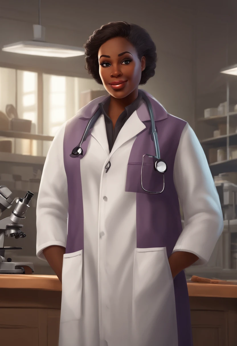 Creating a Pixar-style character in a lab coat. Dark-skinned character, ([design](inventory:1.1)) [lab coat] with vibrant colors, [detailed features:1.1], and ([beautiful, detailed eyes], [beautiful, detailed lips]) to capture the essence of the character. The lab coat should have ([extreme detail description]), emphasizing texture and materials. 

The character should exude a sense of intelligence and professionalism in their pose and expression. Their ([expressive eyes]), ([warm smile]), and ([confident posture]) should convey a friendly and approachable demeanor. 

The character should be surrounded by scientific and technological elements, like ([microscopes, test tubes, and beakers]), highlighting their role as a scientist. The scene should be well-lit with ([bright, natural lighting]) to enhance the details and give a sense of enthusiasm and curiosity. 

The artwork should have a ([photorealistic:1.37]), ([vivid colors]), and ([sharp focus]) to achieve a high-quality, realistic depiction. The overall composition should feel dynamic and engaging, capturing the character's passion for discovery and knowledge.