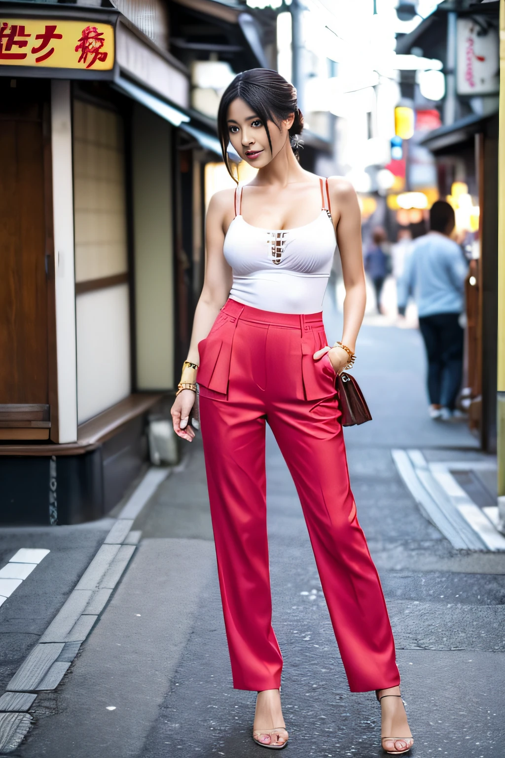 (Beautiful realistic Japan woman、Model actress)、Good looks、masterpiece、(Model body type,Beautiful breasts、Seductive hips)、The shirt、Fashionable pants、Beautiful limbs、ground、