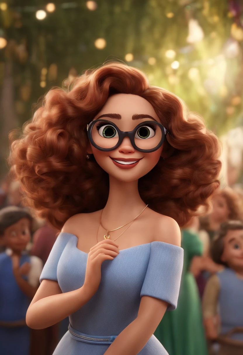 "(best quality,ultra-detalhado,Realistic:1.37),3D rendering,illustration,design de personagens,cabelos curtos e cacheados escuros,belos olhos detalhados,wearing white glasses,Estilo Pixar,morena mulher,Dancing on the Disney stage,atmosfera animada,vivid colors,luzes de palco,expression joyful"