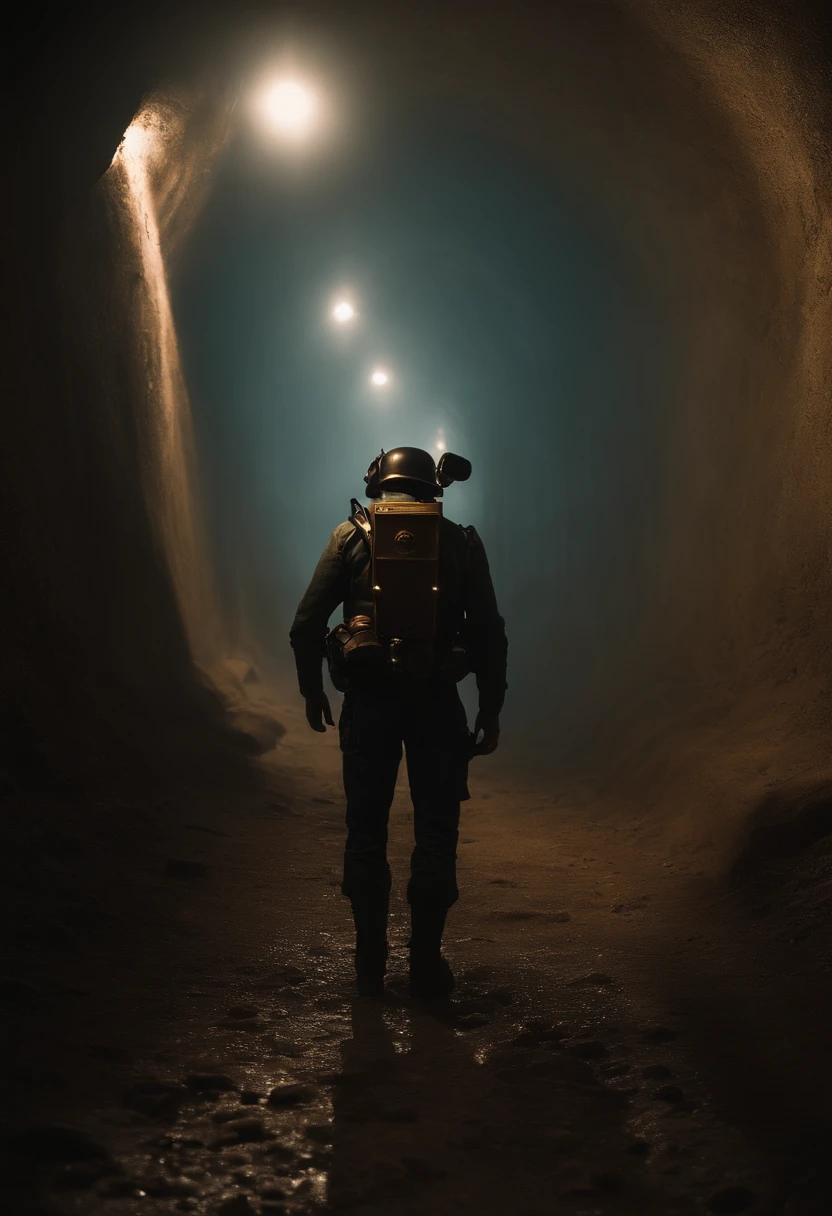 fallout new vegas, a man with sitting on the something, pipboy, tunnel, vault, (face mask:0.1), (breathing tube:0.5), headphone, german ww2 helmet with flashlight , burning fire, full body, polluted wasteland, foggy, volumatric lighting, neon light, CinemaHelper-1000, [bokeh], lens effects, (glare:1.5), bloom, anamophic lens