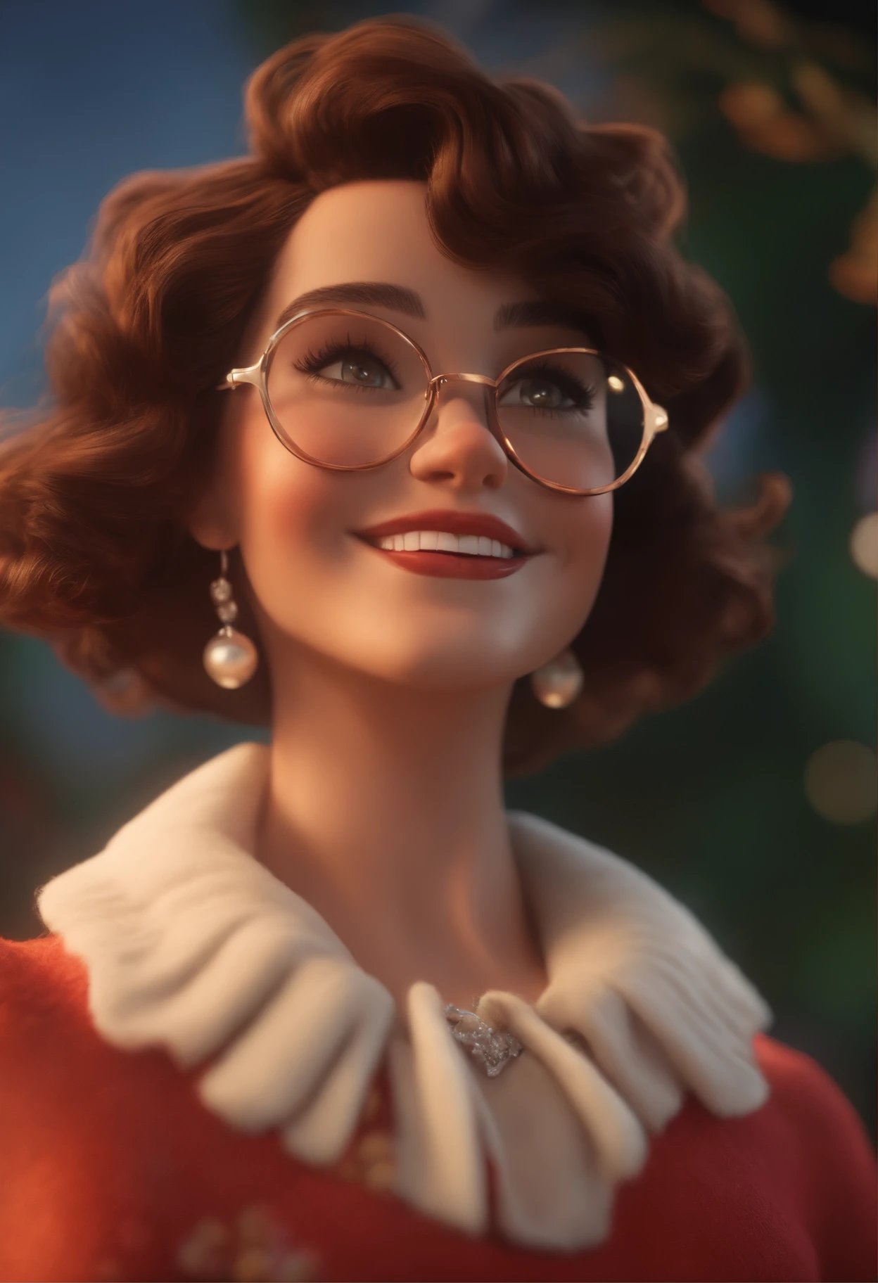 Pixar style image with 3D character white glasses brunette woman short curly hair dancing, Maquiagem Disney,fofo, adolable, sorridente ,Close-up, Pixar, Disney, Cinema lighting,