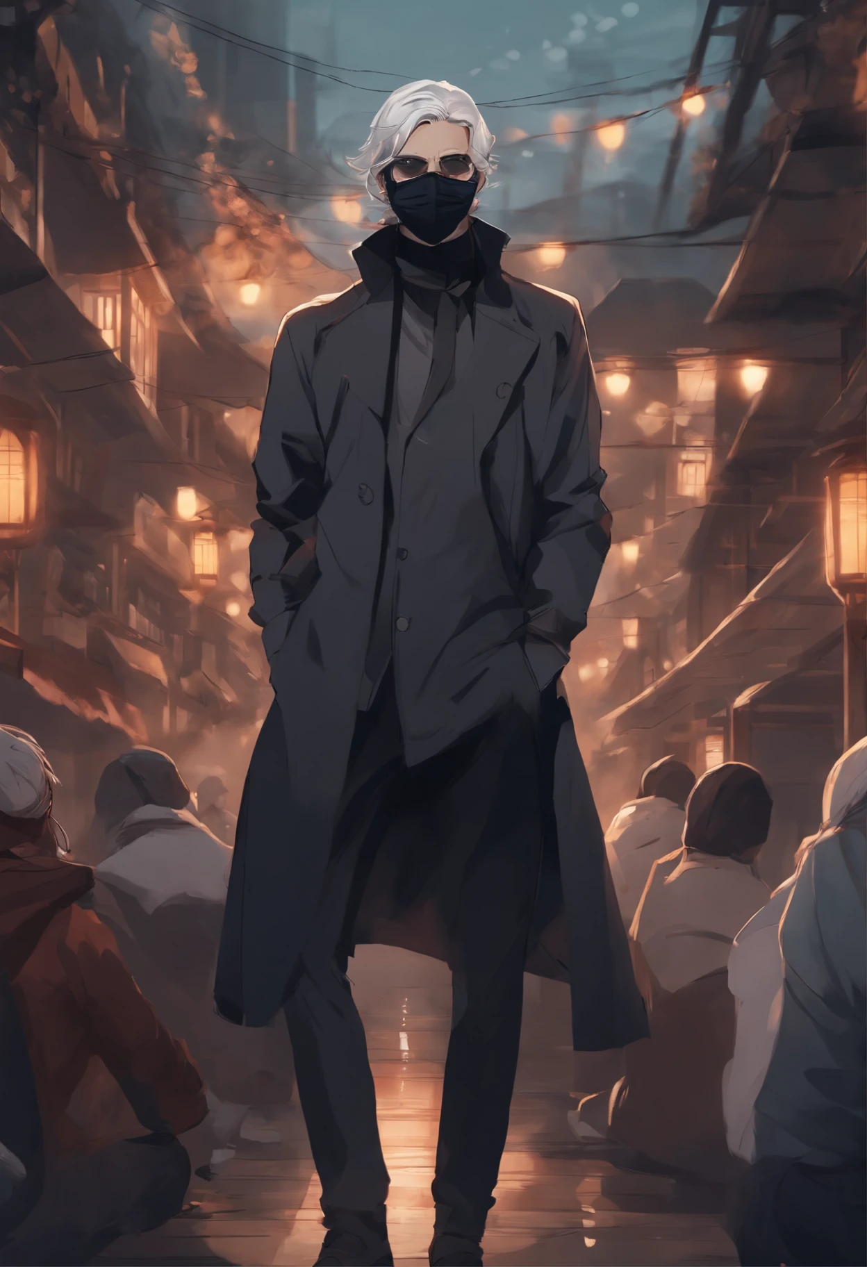 I want a male anime style 2d character wearing a mask in a pandemic background environment with multiple people in a mask
