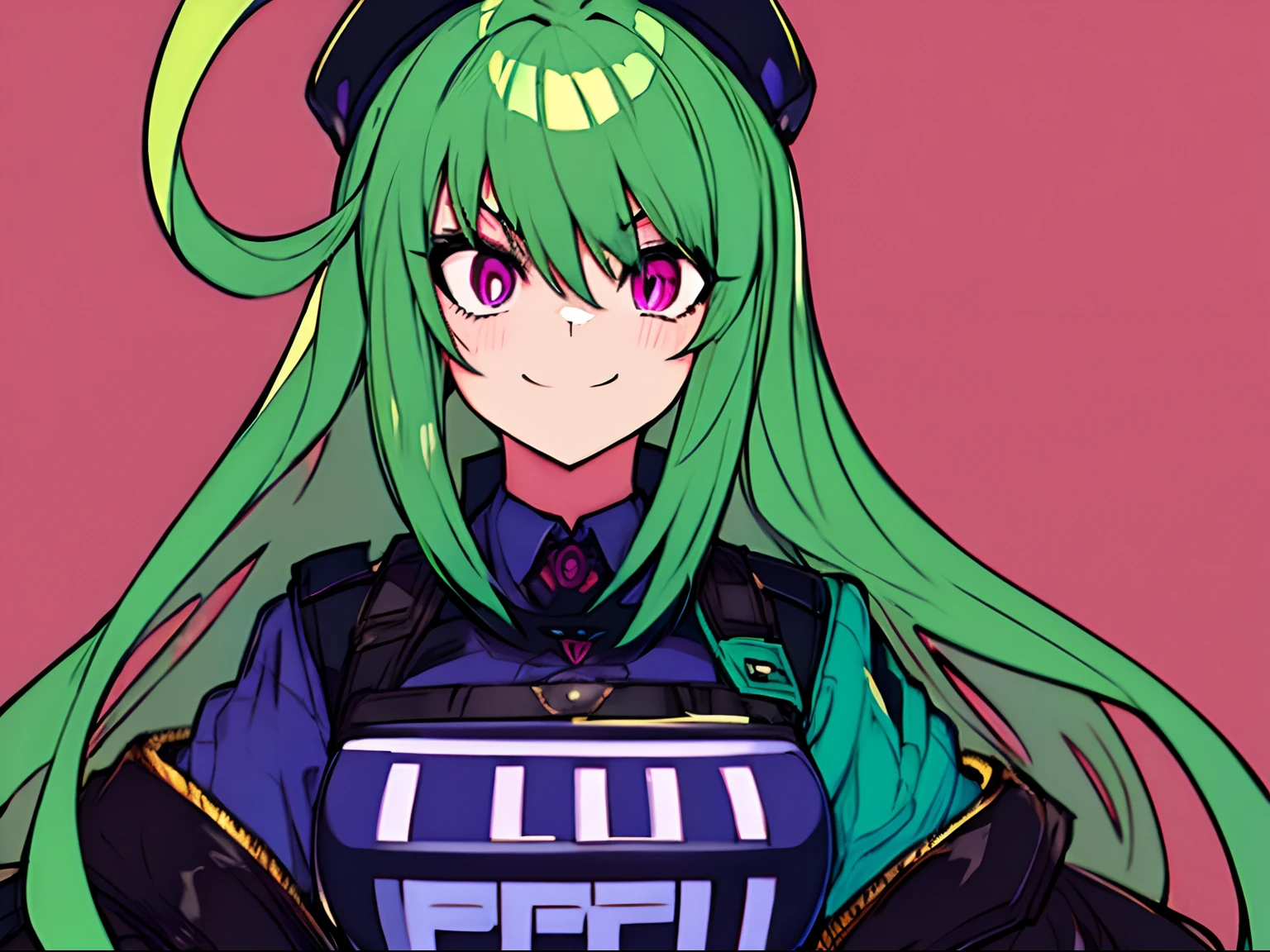 police office outfit, green hair, intimidating pink eyes, malicius smile, solo,1 girl.