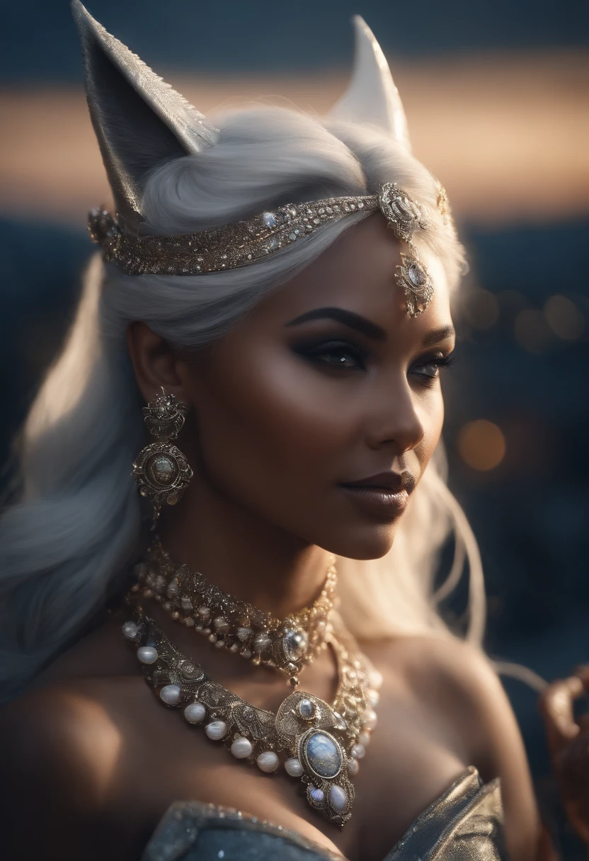 masterpiece, best quality, 8k quality, moon goddess with nine fox tails, beatiful, sexy, white hair, attractive bust, thick thighs, dark skin, moon tiara, eyes that shine like the moon, detailed quality, detailed background, monuments in background, glowing moon in background,