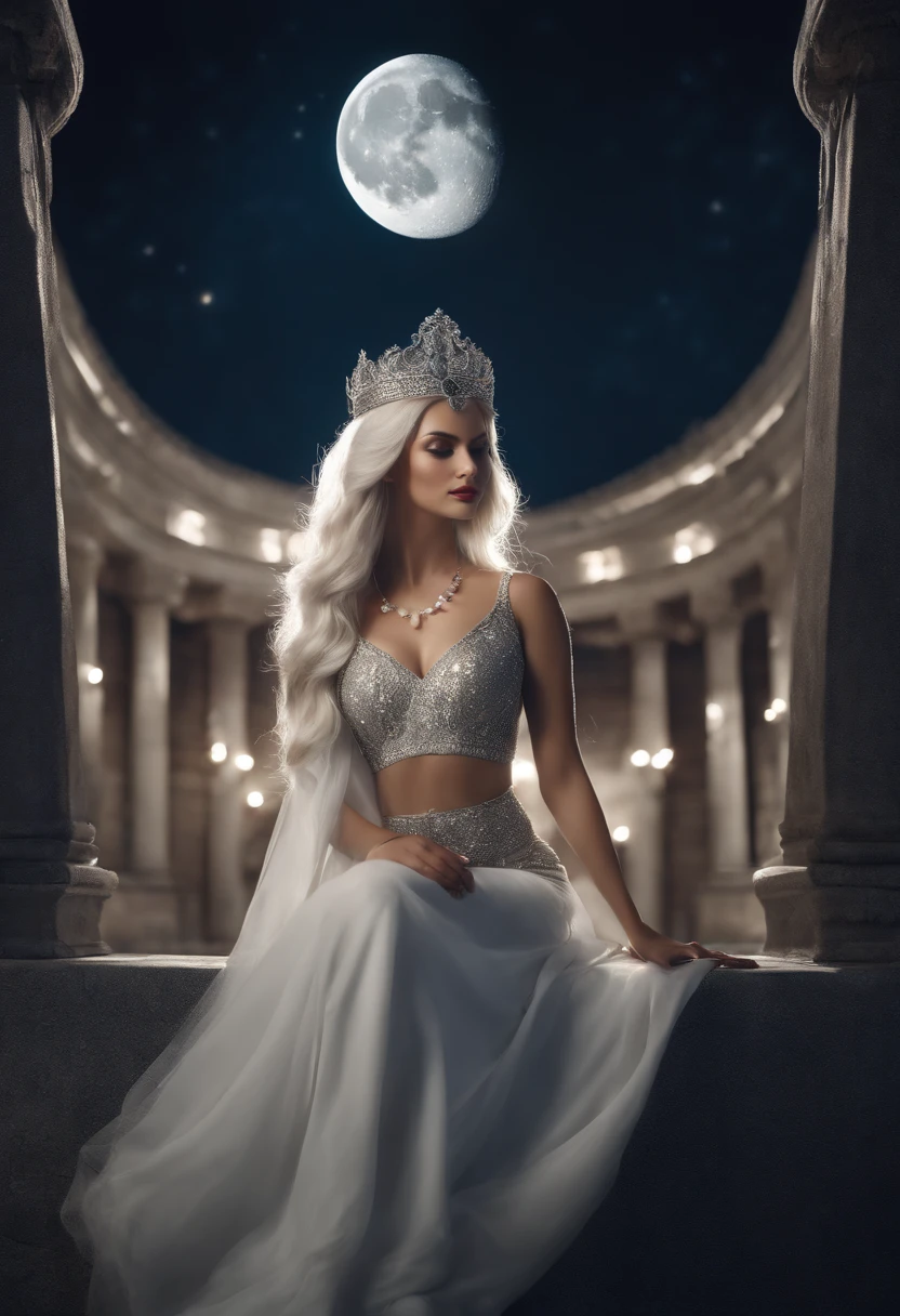 masterpiece, best quality, 8k quality, moon goddess with nine fox tails, beatiful, sexy, white hair, attractive bust, thick thighs, dark skin, moon tiara, eyes that shine like the moon, detailed quality, detailed background, monuments in background, glowing moon in background,