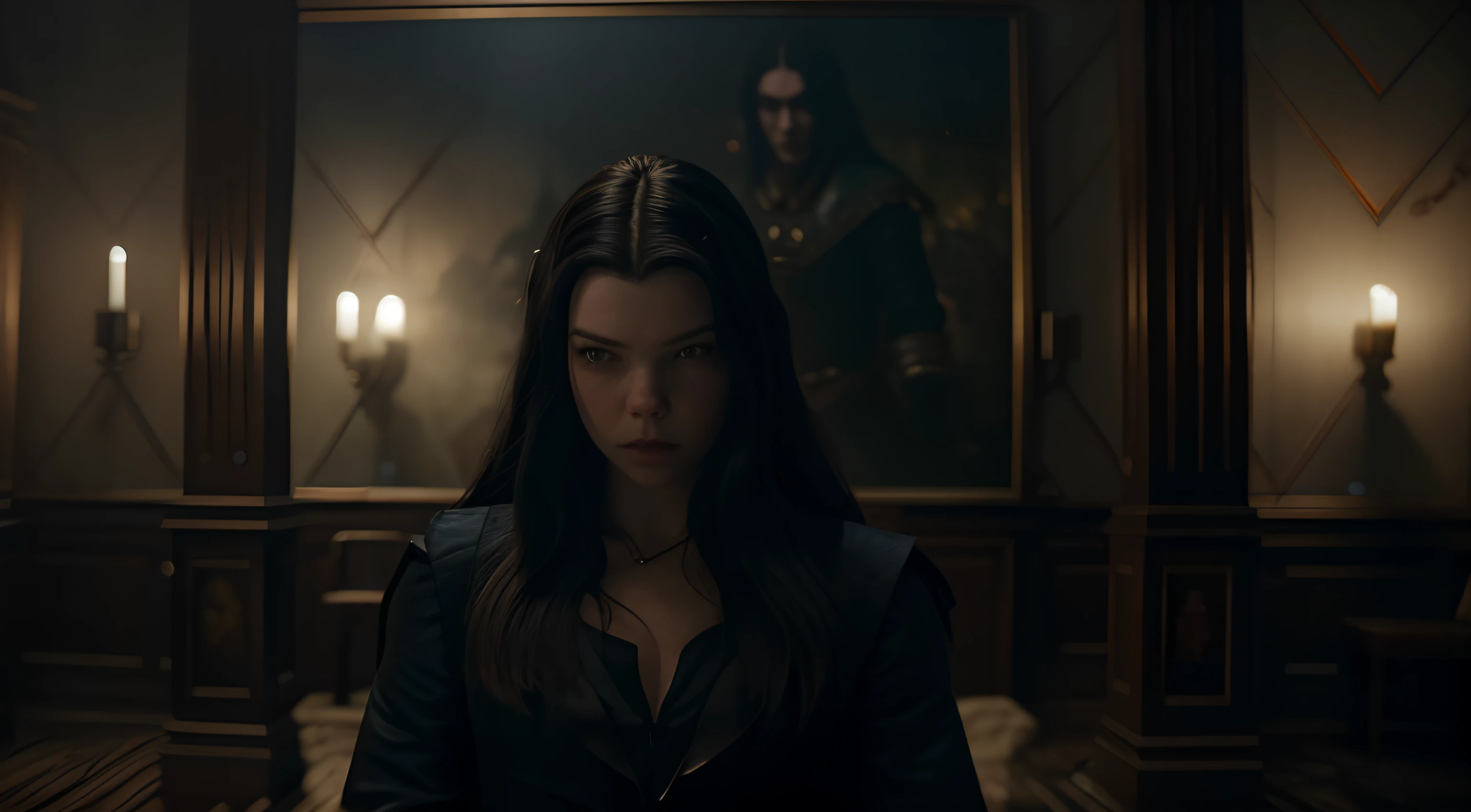 arafed man in a dark room with a painting on the wall, from witcher (2021), ps5 cinematic screen capture, anya taylor - joy vampire queen, 2 0 2 1 cinematic 4 k framegrab, from netflix's arcane, still from a fantasy movie, yennefer, still from a live action movie, shot from cinematic