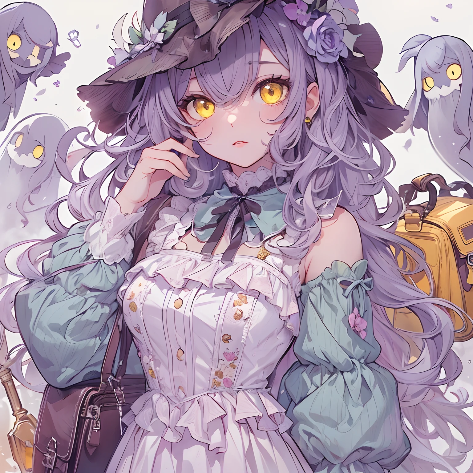 ((Masterpiece, Highest quality)), Detailed face, random character, reference sheet, girl, ghost girl, highly detailed clothes, ta dress, purple colours and tones, bags under eyes, yellow eyes