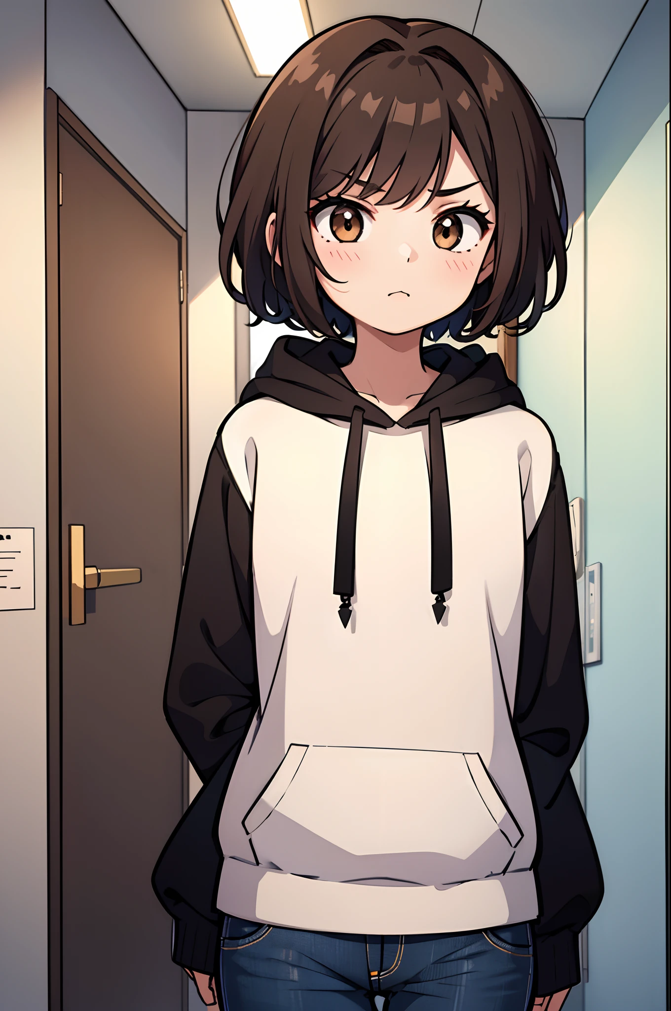 1girl, solo, short girl, brown hair, messy hair, short hair, dark brown eyes, beautiful eyes, black hoodie with long sleeves, hood, jeans, casual fashion, serious, neutral, bored, office, indoors, walking, upper body (arms behind back), looking away, simple, vector, sketch,