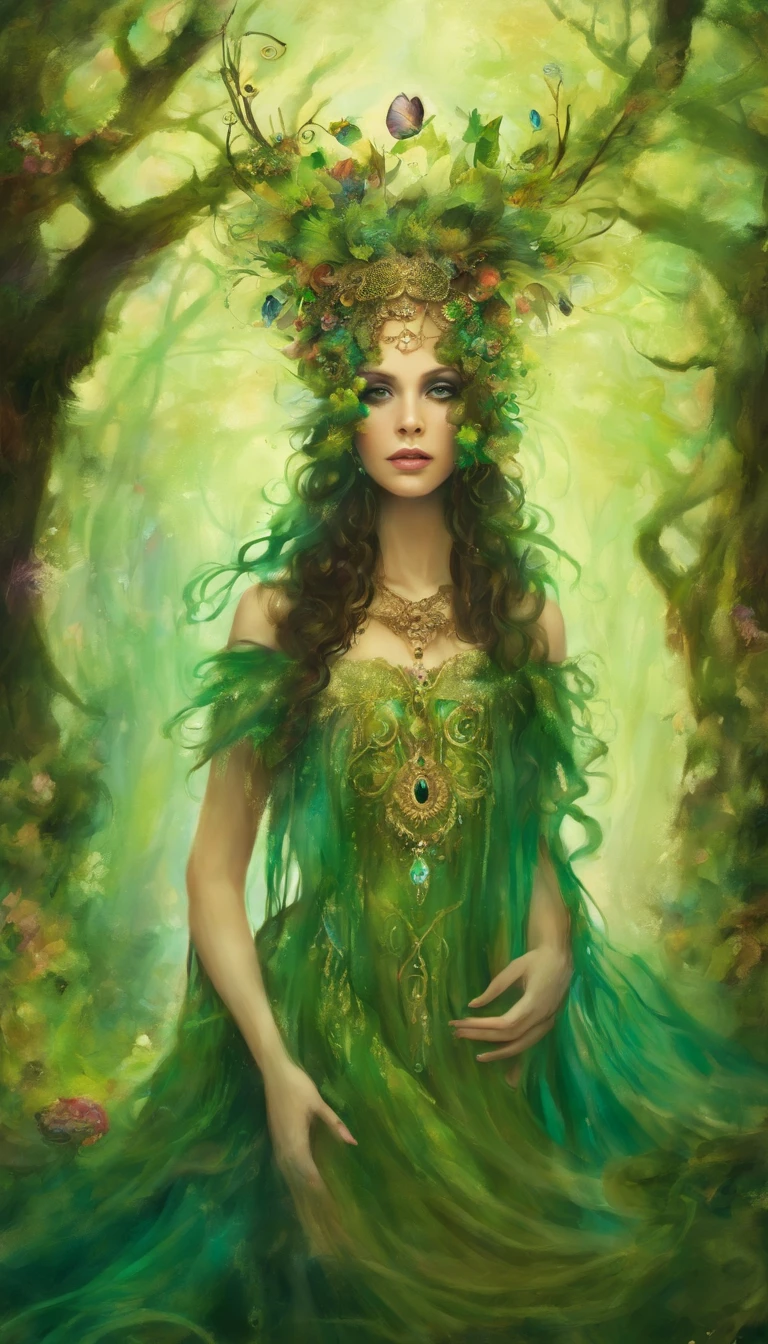 magic land, uma bela bruxa de cabelos escuros e olhos verdes. Vestida com um lindo vestido celta em meio a uma floresta encantada. She wears a wreath on her head and exudes sensuality