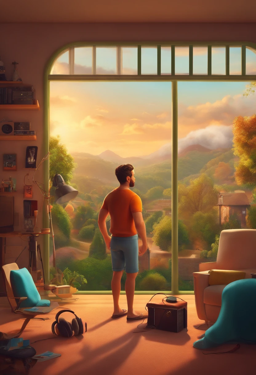 um homem, em breve, barba curta, olhos castanhos, com fones de ouvido, A music studio in the background, Imagem no estilo Pixar, Estilo de filme animado 3D, Disney, camiseta preta