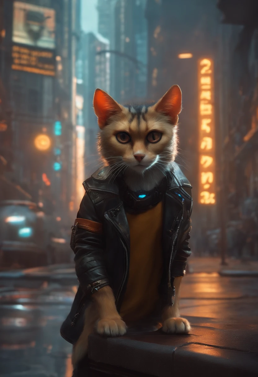 There's a cat wearing a leather jacket and glasses on a city street, gato cyberpunk, no estilo cyberpunk, tem estilo cyberpunk, Cyberpunk Streetwear, Cyberpunk))), an anthropomorphic cyberpunk fox, Cyberpunk Mouse Folk Engenheiro, estilo cyberpunk hiper-realista, Estilo de arte cyberpunk, Cybercat, gato ciborgue, Wojtek FUS, cyberpunk themed art, cyberpunk vibes