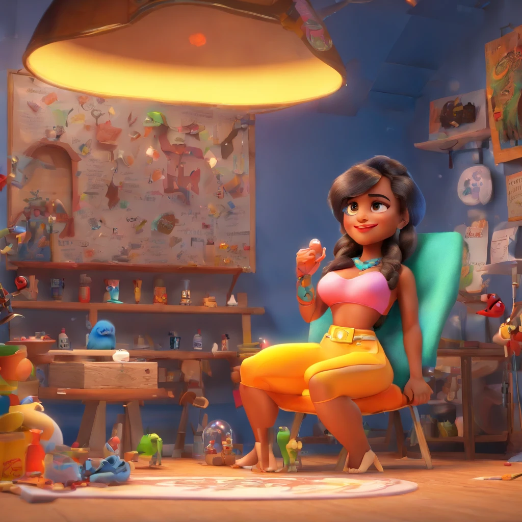 create a 3D Disney Pixar-inspired movie poster, The scene should be in Pixar's signature digital art style, com uma imagem caricatural que lembra a cantora brasileira "Anita" in the prone position, Wearing a bikini while a tattoo artist is sitting tattooing with a giant ring on one hand, inside a tattoo parlor.