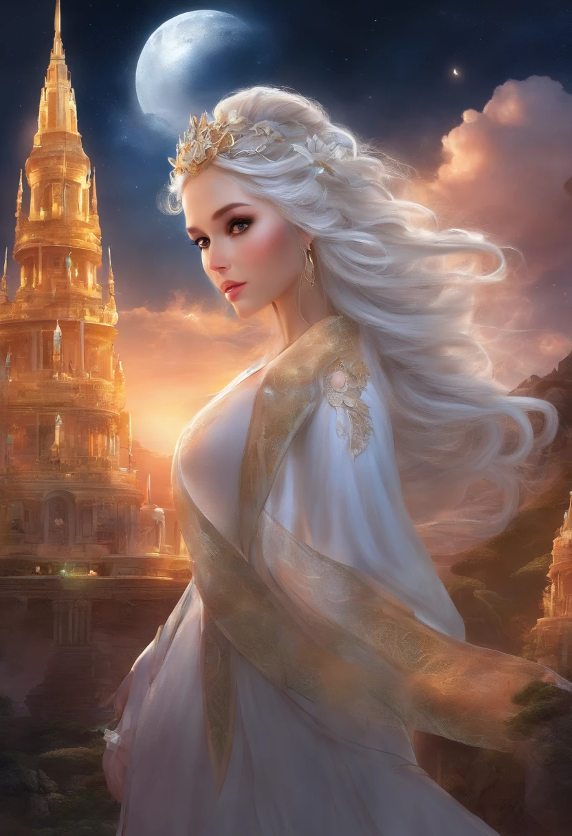masterpiece, best quality, 8k quality, moon goddess with nine fox tails, beatiful, sexy, white hair, attractive bust, thick thighs, dark skin, moon tiara, eyes that shine like the moon, detailed quality, detailed background, monuments in background, glowing moon in background,