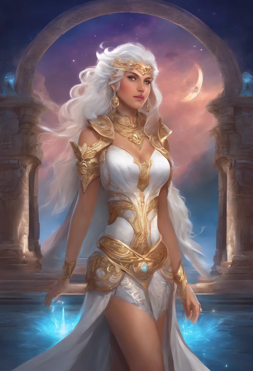 masterpiece, best quality, 8k quality, moon goddess with nine fox tails, beatiful, sexy, white hair, attractive bust, thick thighs, dark skin, moon tiara, eyes that shine like the moon, detailed quality, detailed background, monuments in background, glowing moon in background,