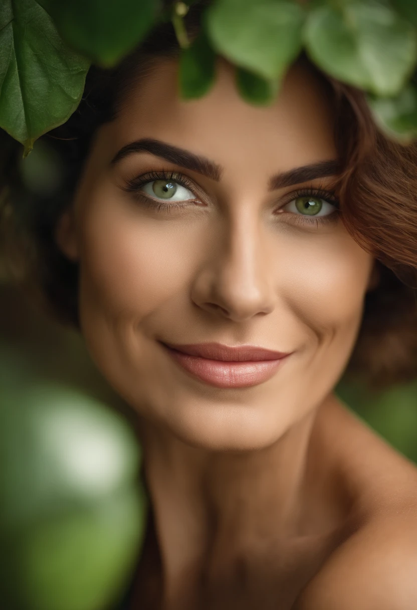 Uma mulher de 40 anos, com cabelos loiro curtos, Rosto redondo, rosto redondo com sorriso encantador, e olhos verdes