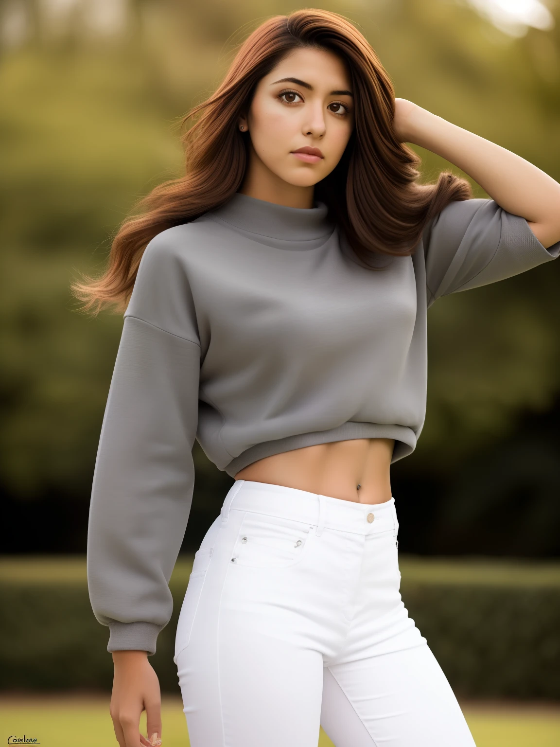 Cuerpo completo, proporciones grandes, mujer joven, 20 year old Japanese girl, parada en un parque, sola, small, cabello revoloteando en el viento, tul, piernas largas y grandes, pies ligeramente abiertos, rubor, timidez, 鎖骨, abdominales, doble tejido, mujer japonesa, cara hermosa y delicada, piel clara, piel real, (cara detallada), cara de huevo de ganso, poros, super high res, 8k, parameters Best quality, obra maestra, super high res, (realista 2.0), most detail, piel detallada, White trousers, cabello lacio moreno, ojos hermosos, asian girl, delgado, moda, chica cosplay, novia, hermoso, hermoso, flores, Studio lighting